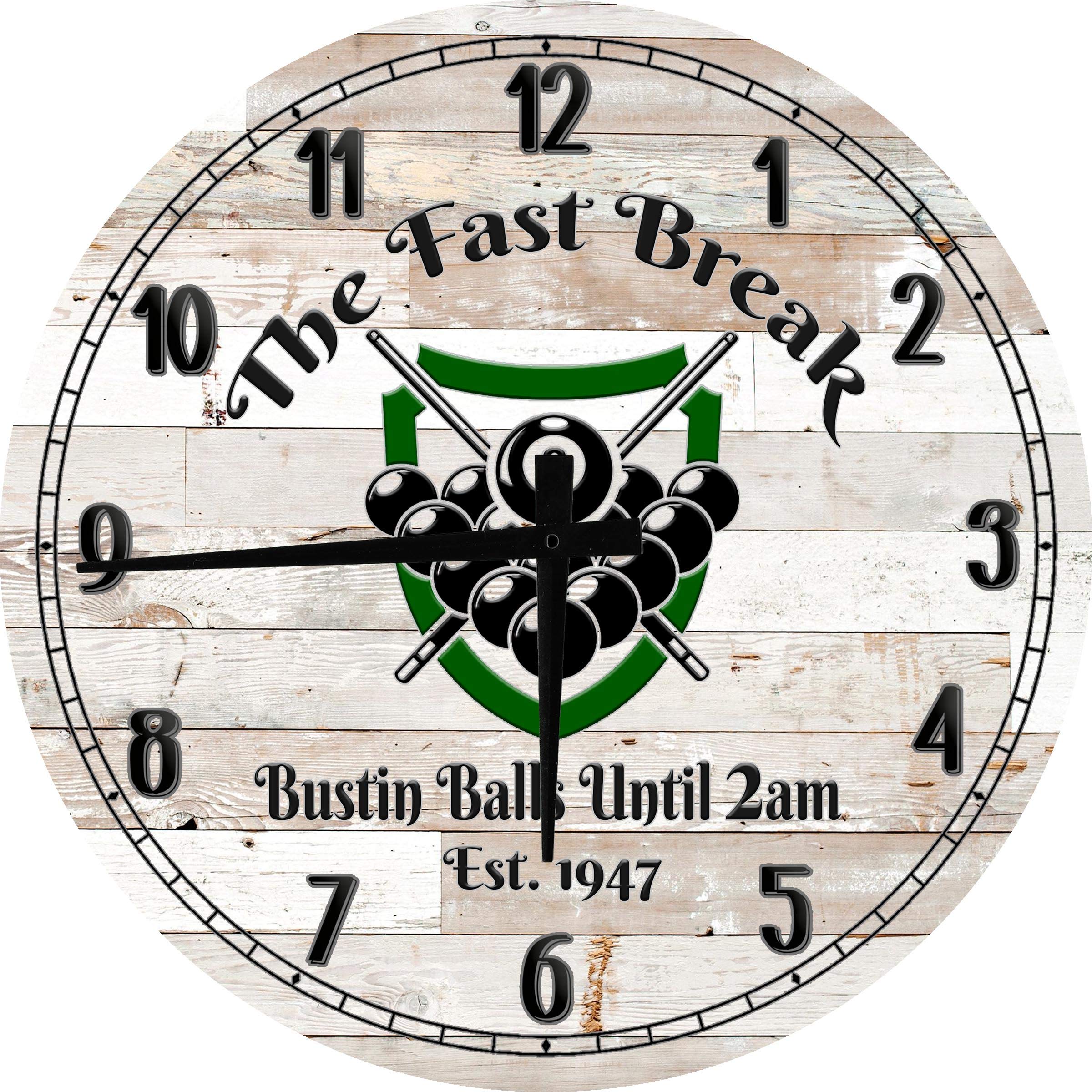 Bar Wall Art The Fast Break Pool Large Round Wood Wall Clock Decor 18 Inch White for Home, Office, or Game Room