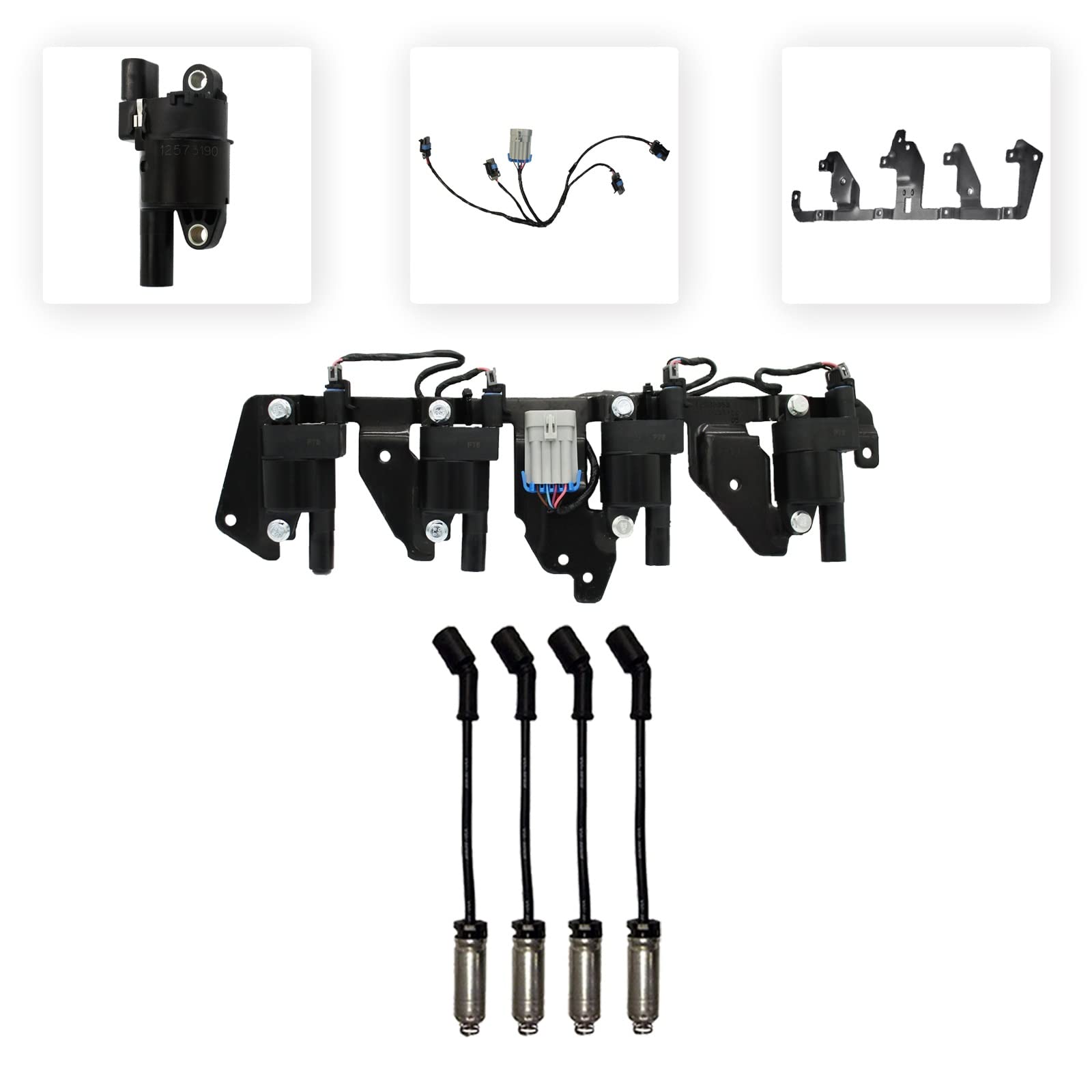 4 GM 12573190 Ignition Coils + 1 Herko Bracket & Harness + 4 Herlux Spark Plug Wires with Heat Shield – Compatible with Chevy, GMC, Cadillac – High Performance Engine Upgrade for Smooth Acceleration & Fuel Efficiency