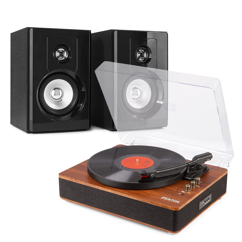 VONYX Fenton RP162D Walnut Bluetooth Record Player with SHF404B Active Bookshelf Speakers - Wireless Turntable System, Vinyl to MP3 Converter, 3-Speed Belt-Drive for Home Entertainment & Music Lovers