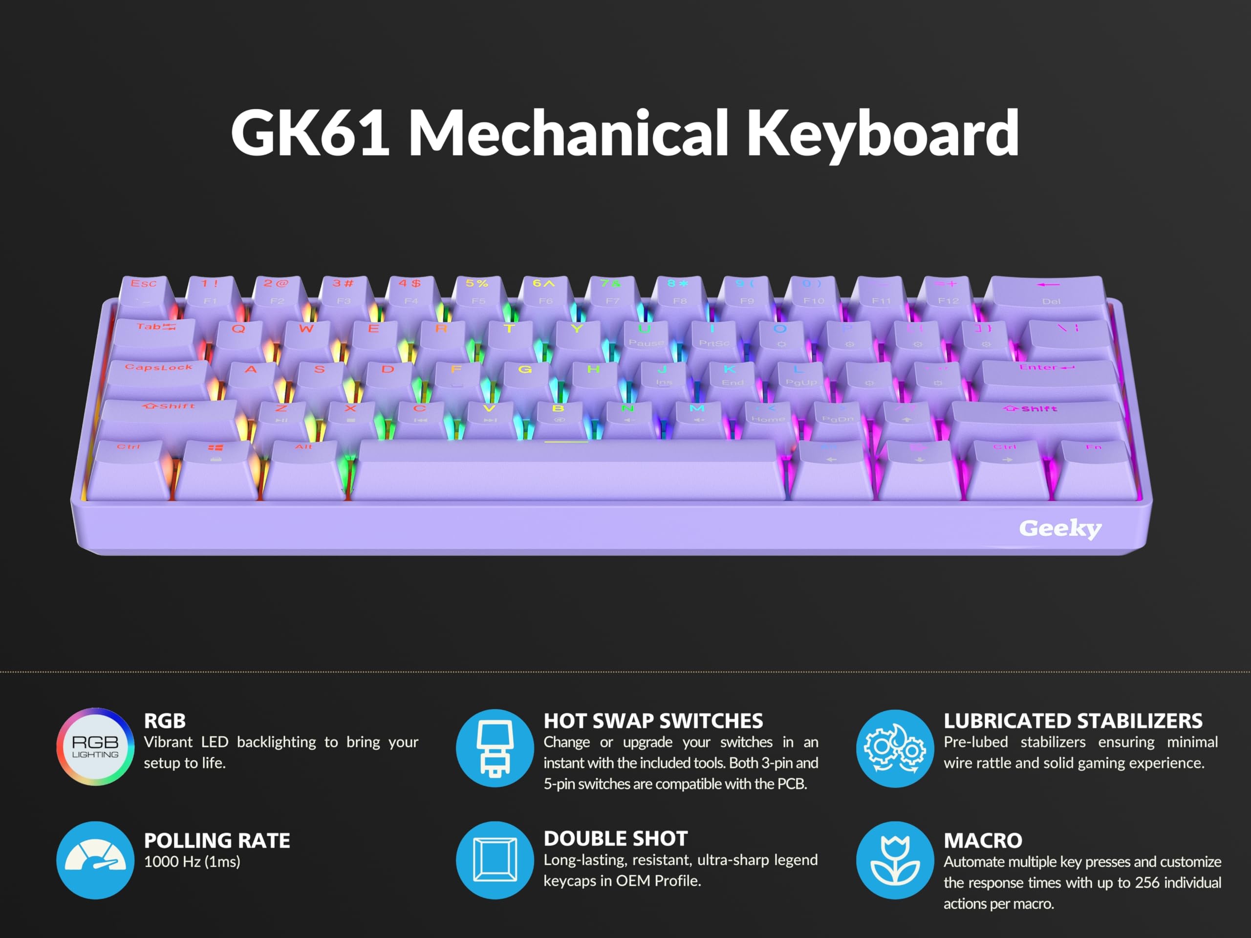 Geeky GK61 60% Hot Swappable Mechanical Gaming Keyboard - 61 Key RGB Backlit, ANSI US Layout (Lavender/Black) for PC & Mac Gamers | Perfect for Esports, Coding & Office Work