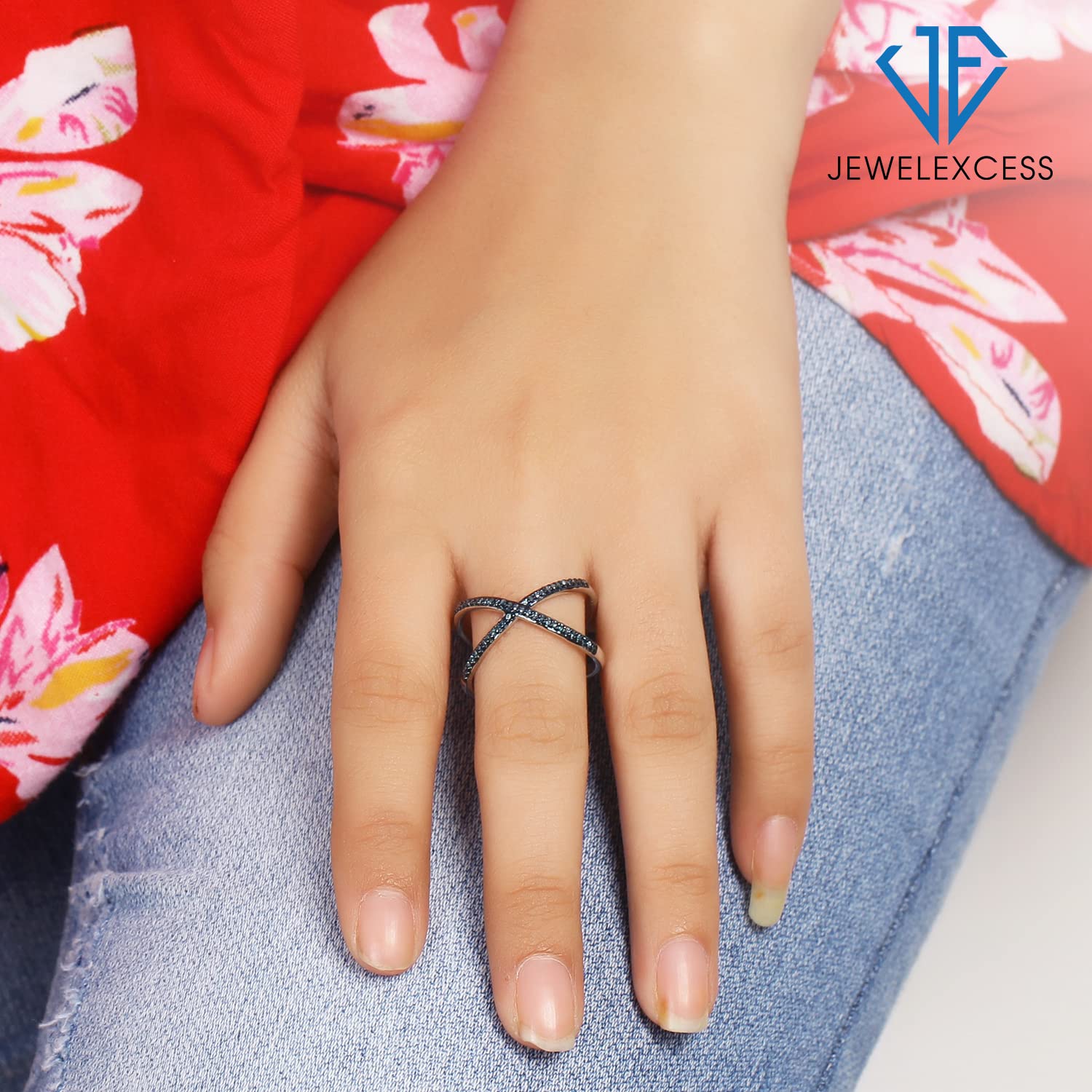 Sterling Silver Criss Cross Ring with 1/7 Carat Blue Diamond – .925 Silver X Ring for Women | Hypoallergenic Real Diamond Ring | Elegant Jewelry Gift for Anniversary, Valentine's Day & Special Occasions