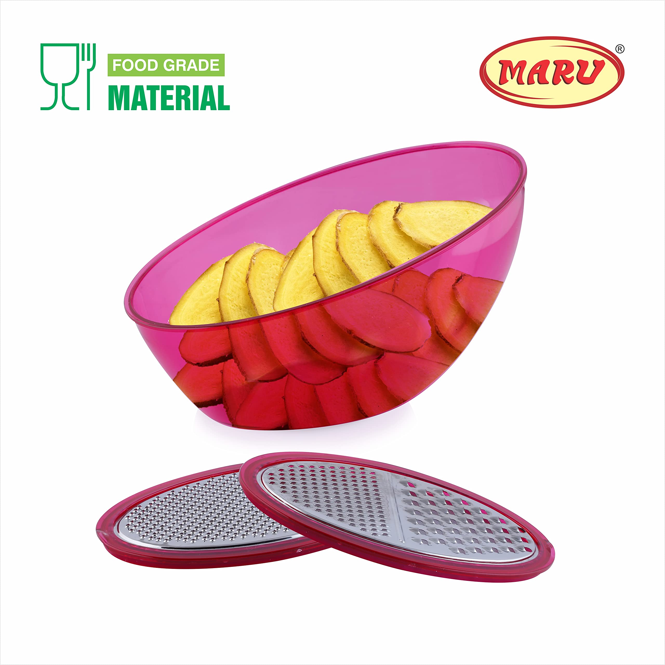 Maru Vegetable Grater with Storage Container - Stainless Steel Cheese Grater for Mozzarella, Potato Slicer with 2 Blades & Storage Lid - Perfect for Kitchen, Meal Prep & Salad Making (Pink)