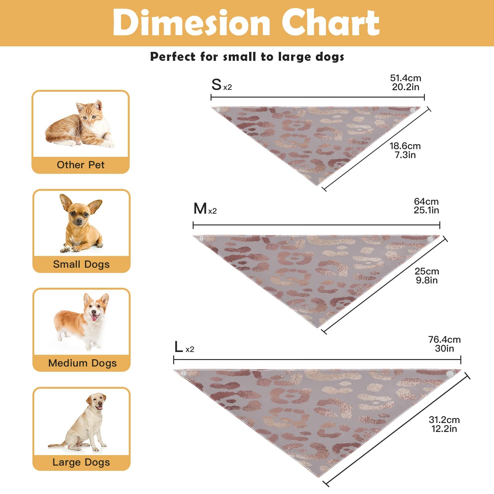 2 Pack Elegant Rose Gold Leopard Print Dog Bandanas - Adjustable Snap Button Triangle Scarf for Small to Large Dogs & Cats | Perfect for Holidays, Parties & Everyday Pet Fashion Accessories