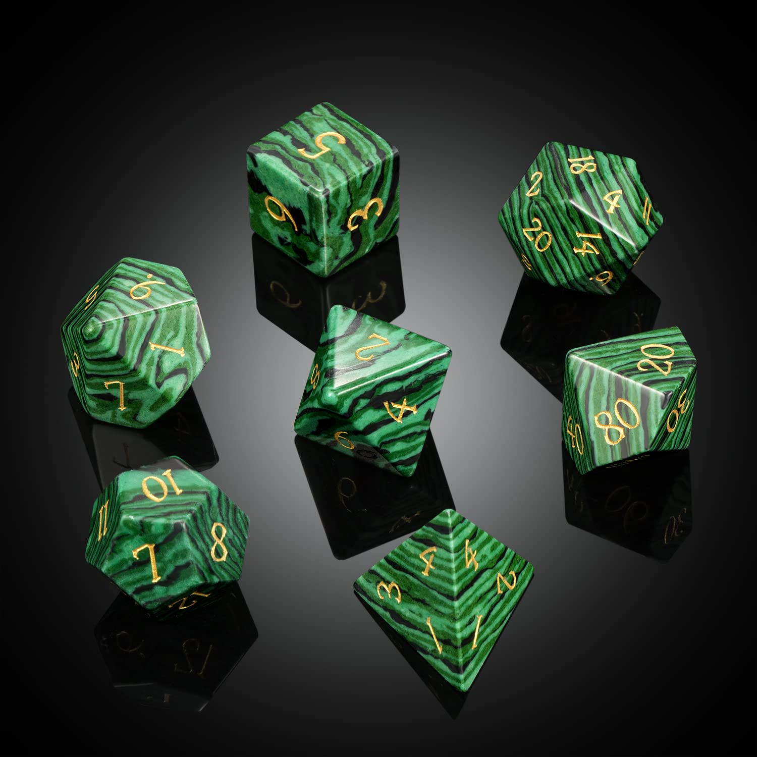 Premium Malachite Gemstone DND Dice Set - 7-Piece Polyhedral RPG Dice with Elegant Gift Box for Dungeons & Dragons, Pathfinder & Tabletop Roleplaying Games - Perfect for Gifts, Collectors & Fantasy Game Nights