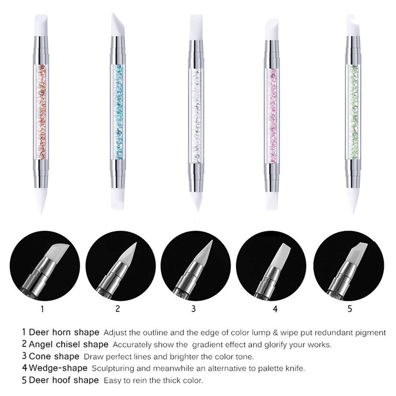 KIRA 5-Piece Dual-Sided Acrylic Nail Art Pen Set with Silicone Brush Heads & Comfortable Acrylic Handles - Perfect for DIY Nail Art, Gel Polish Application, and Professional Salon Use