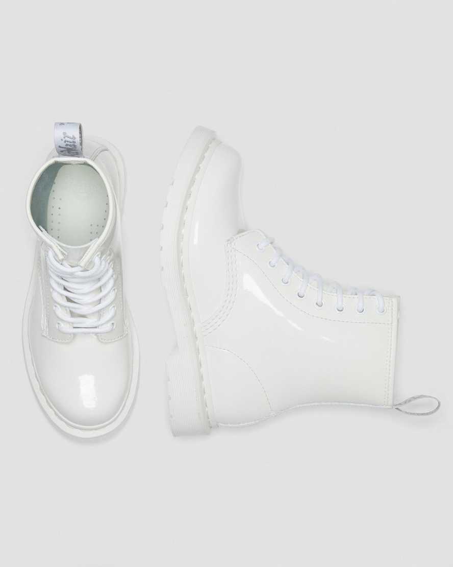 Dr. Martens 1460 Mono White Patent Leather Lace-Up Boots for Women & Men - Classic 8-Eye Combat Boots for Everyday Wear, Work & Fashion Outfits