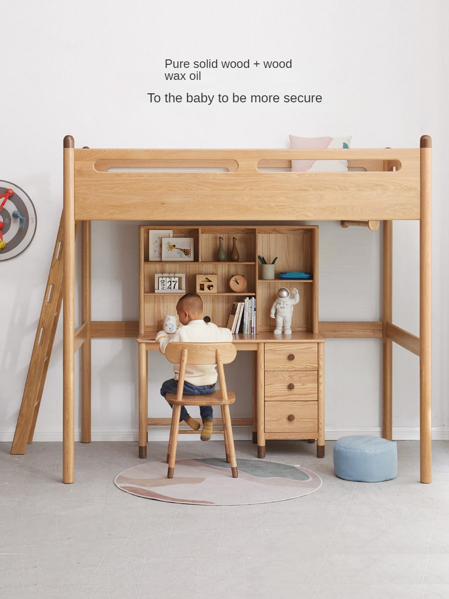 Solid Oak Wood Loft Bed with Storage Cabinet - Space-Saving Furniture for Small Rooms, Kids Bedroom & Dormitory