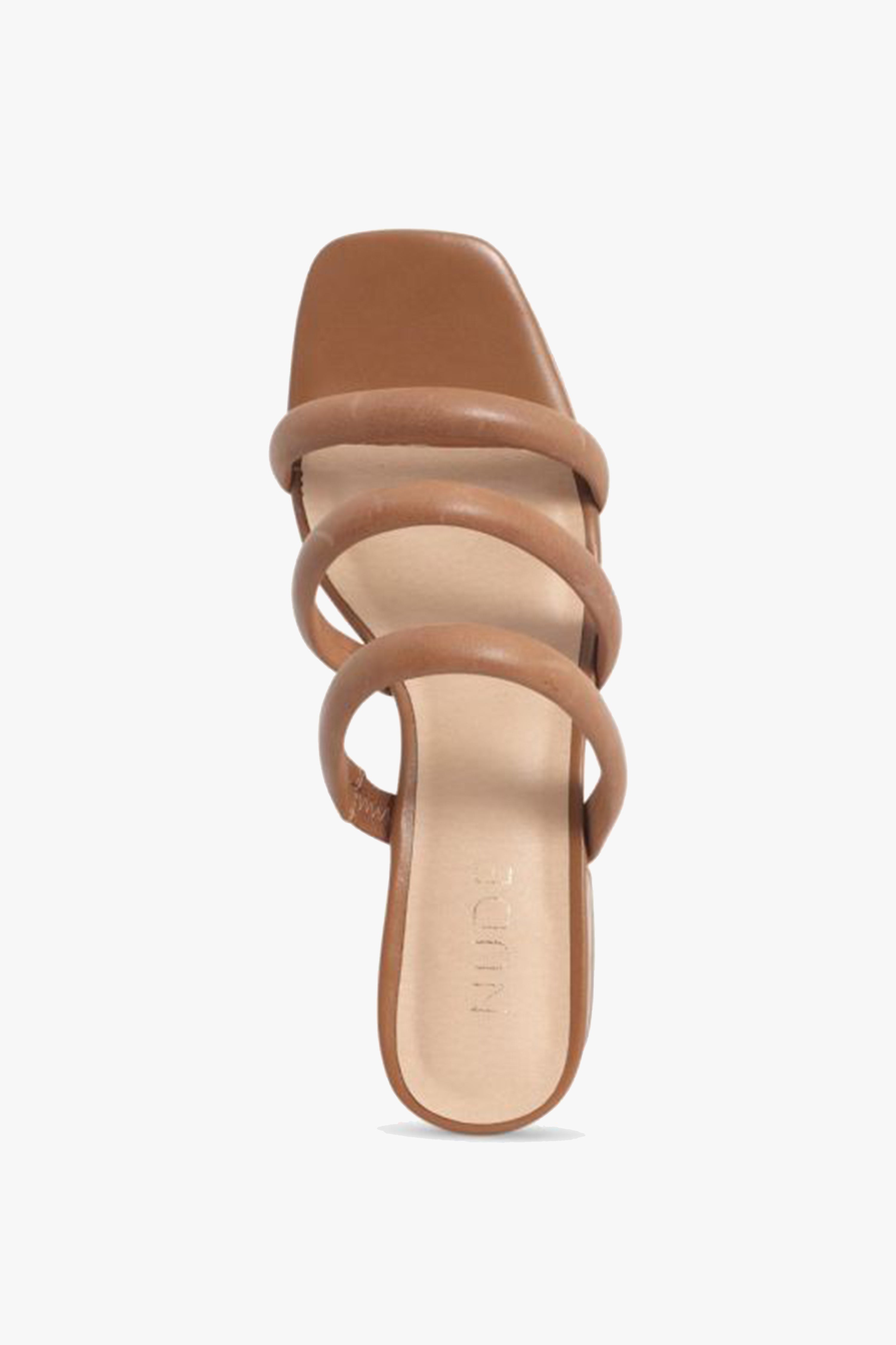 Juniper Tan Square Toe Triple Strap Mid Heel Slide Sandals for Women - Comfortable Summer Dress Shoes for Weddings, Parties & Office Wear