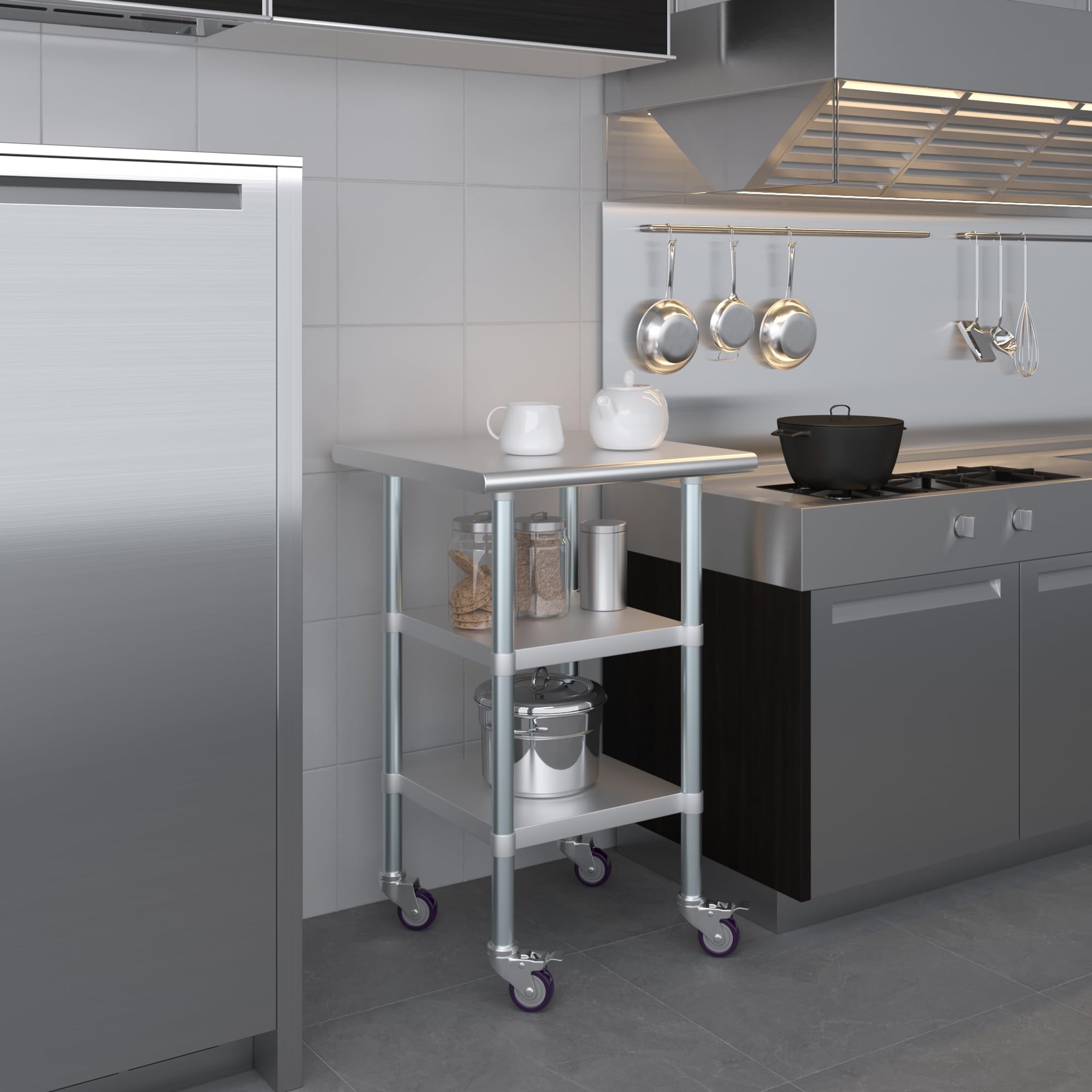 AmGood Stainless Steel Work Table with 2 Shelves & Wheels | Heavy Duty Metal Utility Table 24x24 Inch | Commercial Kitchen, Garage, Workshop, Food Prep Station