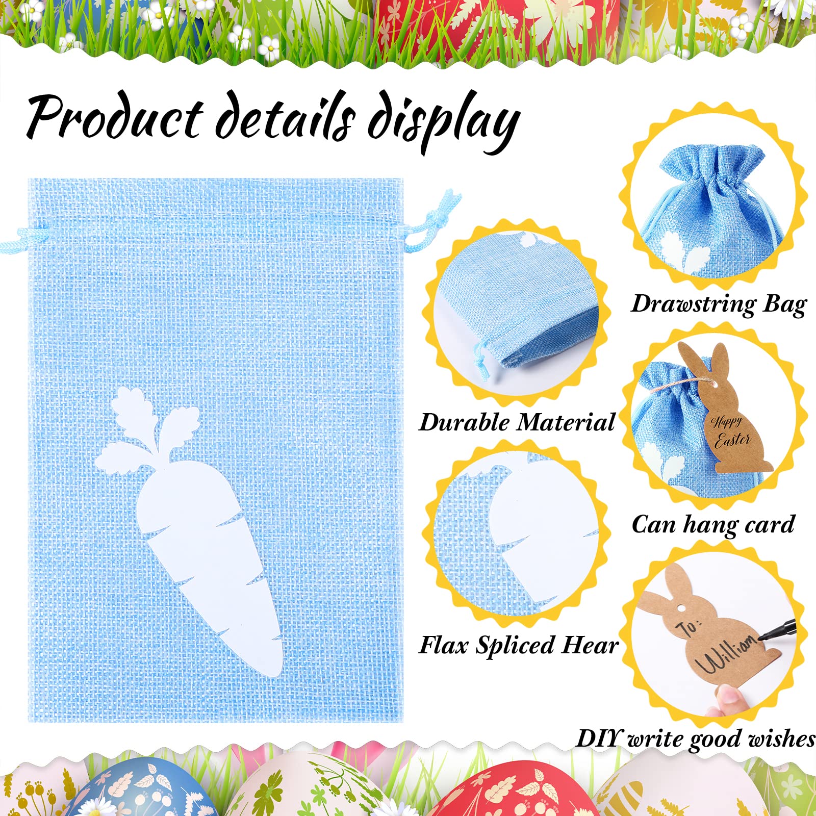 Shappy 24 Pcs Easter Burlap Drawstring Gift Bags - Bunny Linen Goody Bags with Double Jute Drawstrings for Easter Egg Hunt, Party Favors & Spring Decorations (Bright Style)