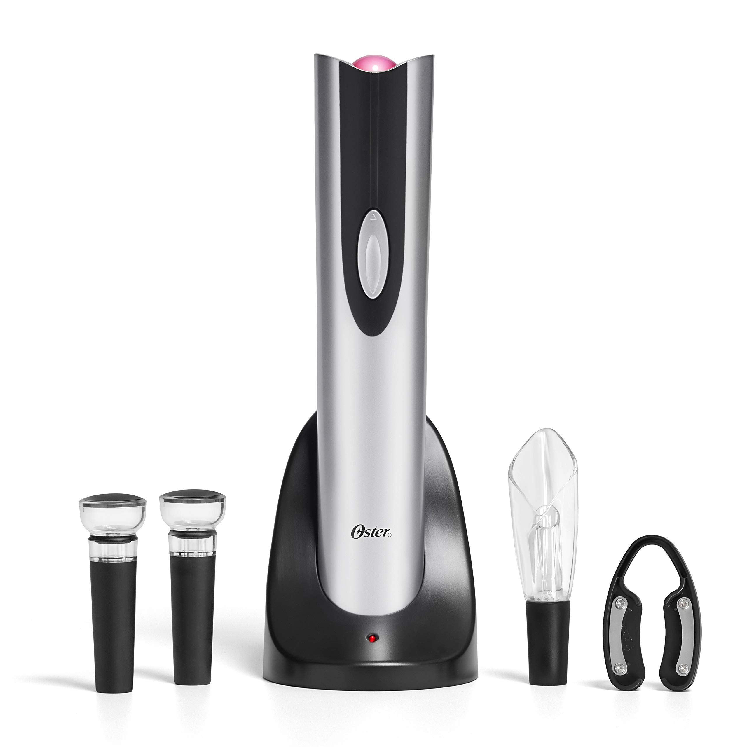 Oster Electric Wine Opener Set with Foil Cutter, Wine Pourer & Vacuum Stoppers - Includes Corkscrew & Charging Base - Perfect for Home Bars, Parties & Wine Lovers (Black)