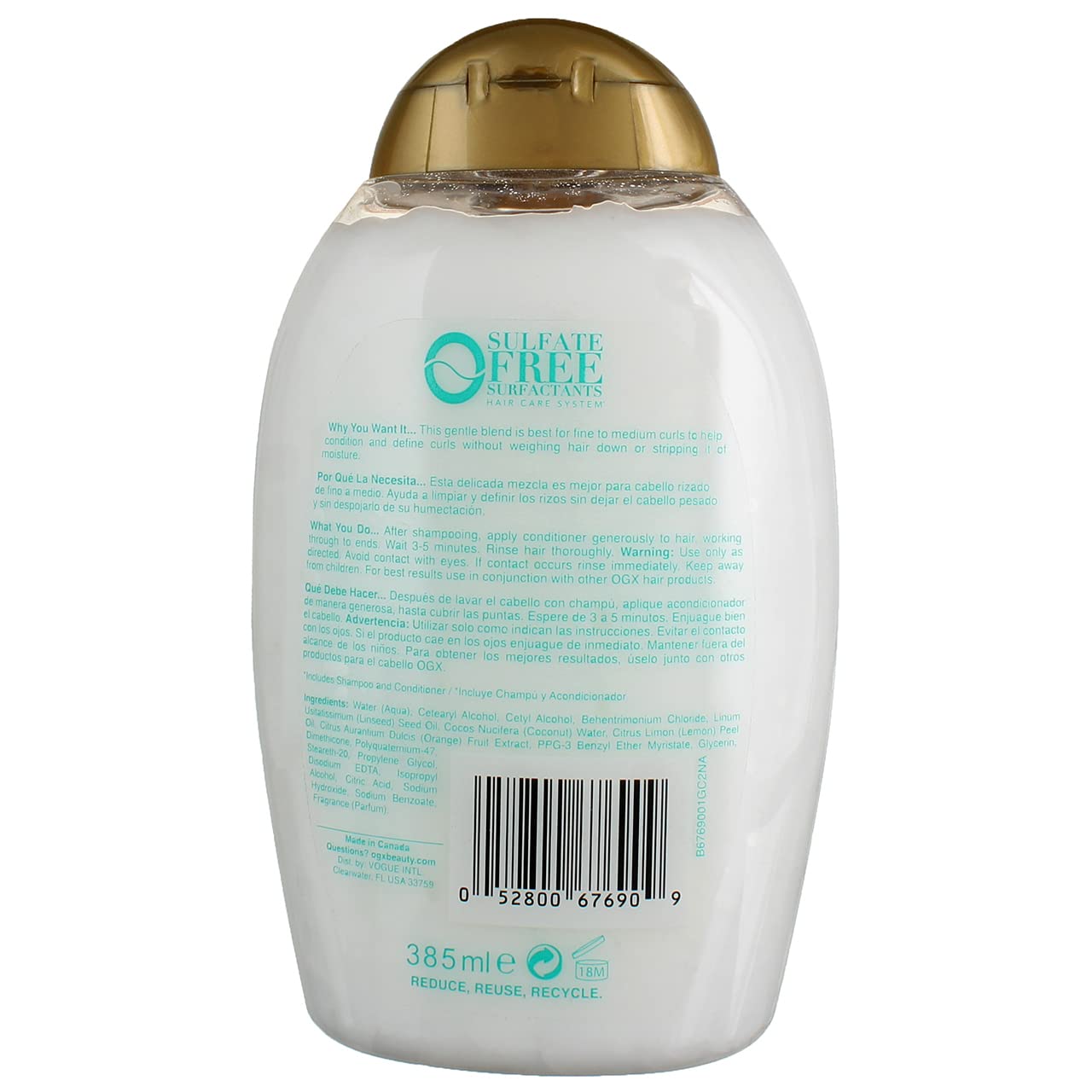 OGX Coconut Fine Curls Conditioner for Curly Hair, 13 oz (385ml) - Pack of 6 | Hydrating & Defining for Soft, Bouncy Curls | Perfect for Daily Hair Care & Salon-Quality Results at Home