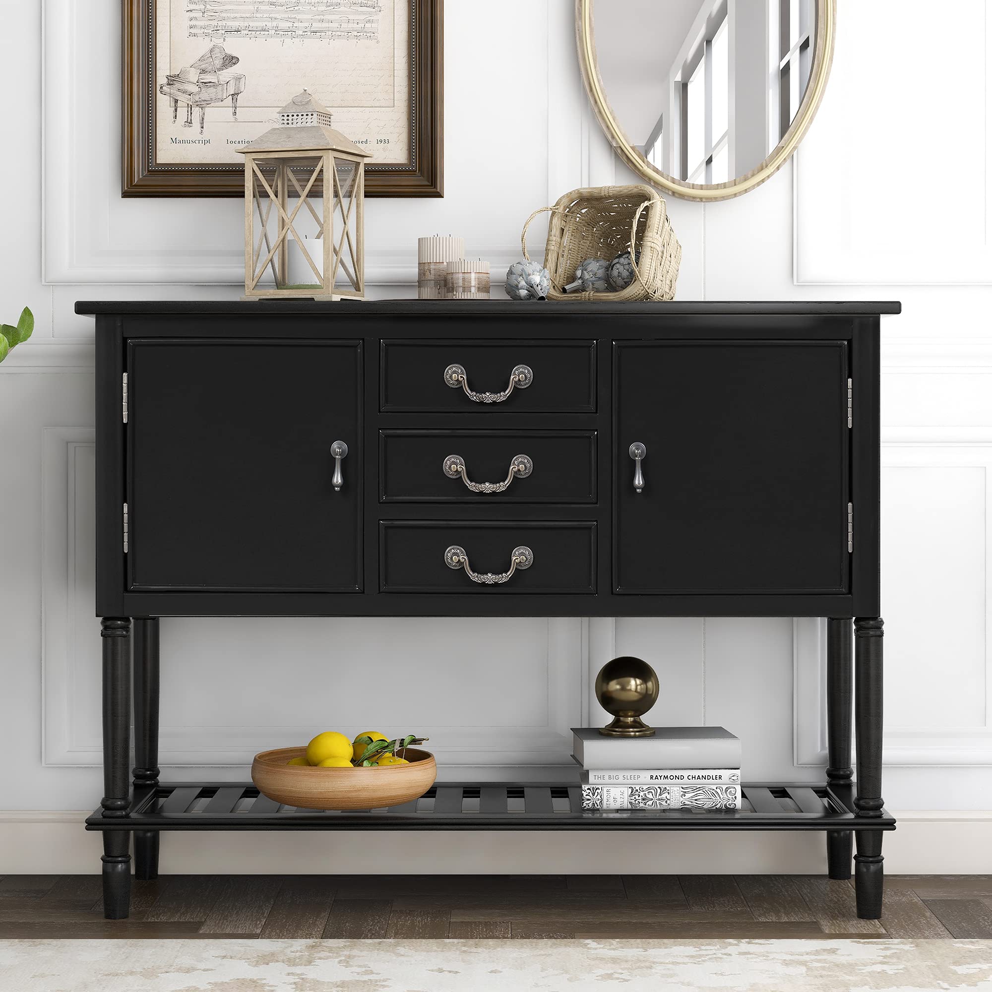 45 Inch Vintage Console Table with 3 Drawers & 2 Cabinets - Modern Narrow Sofa Table with Shelf for Entryway, Hallway, Living Room & Dining Room - Perfect for Home Decor, Small Space Storage & Displaying Decor Items