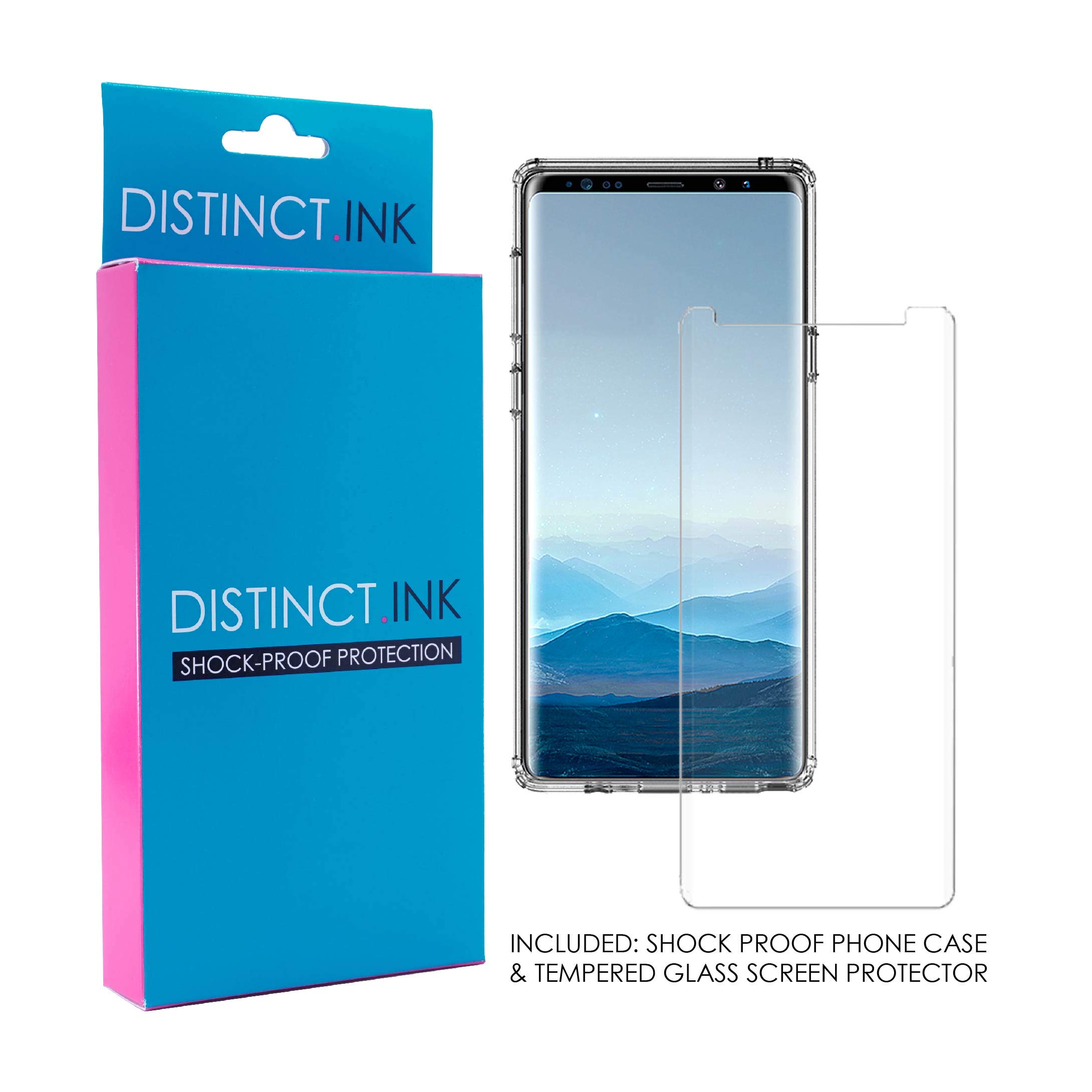 DistinctInk Clear Shockproof Hybrid Case for Samsung Galaxy Note 9 - TPU Bumper with Acrylic Back & Tempered Glass Screen Protector - Durable Protection for Work, Travel & Outdoor Activities