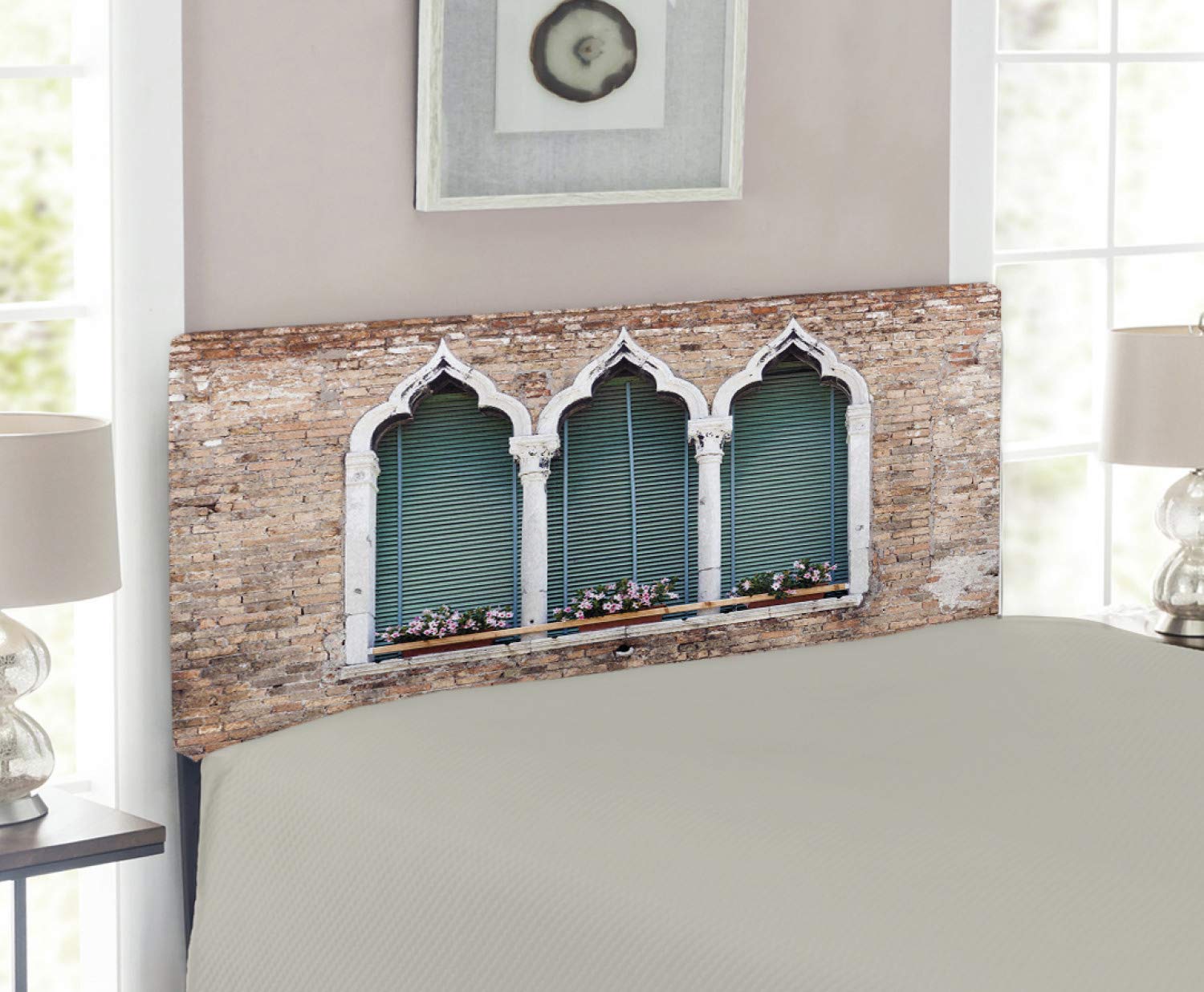 Ambesonne Venice Upholstered Metal Headboard - Gothic Style Windows with Flower Pots on Brick Wall Design, Twin Size Memory Foam Bed Headboard in Pale Brown White Blue | Perfect for Gothic & Vintage Bedroom Decor