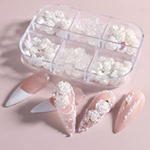 Gleevia 60Pcs 3D White Acrylic Rose & Aurora Camellia Nail Charms - DIY Nail Art Jewelry, Rhinestone Decorations for Manicure, Bridal, Party & Salon Nail Designs