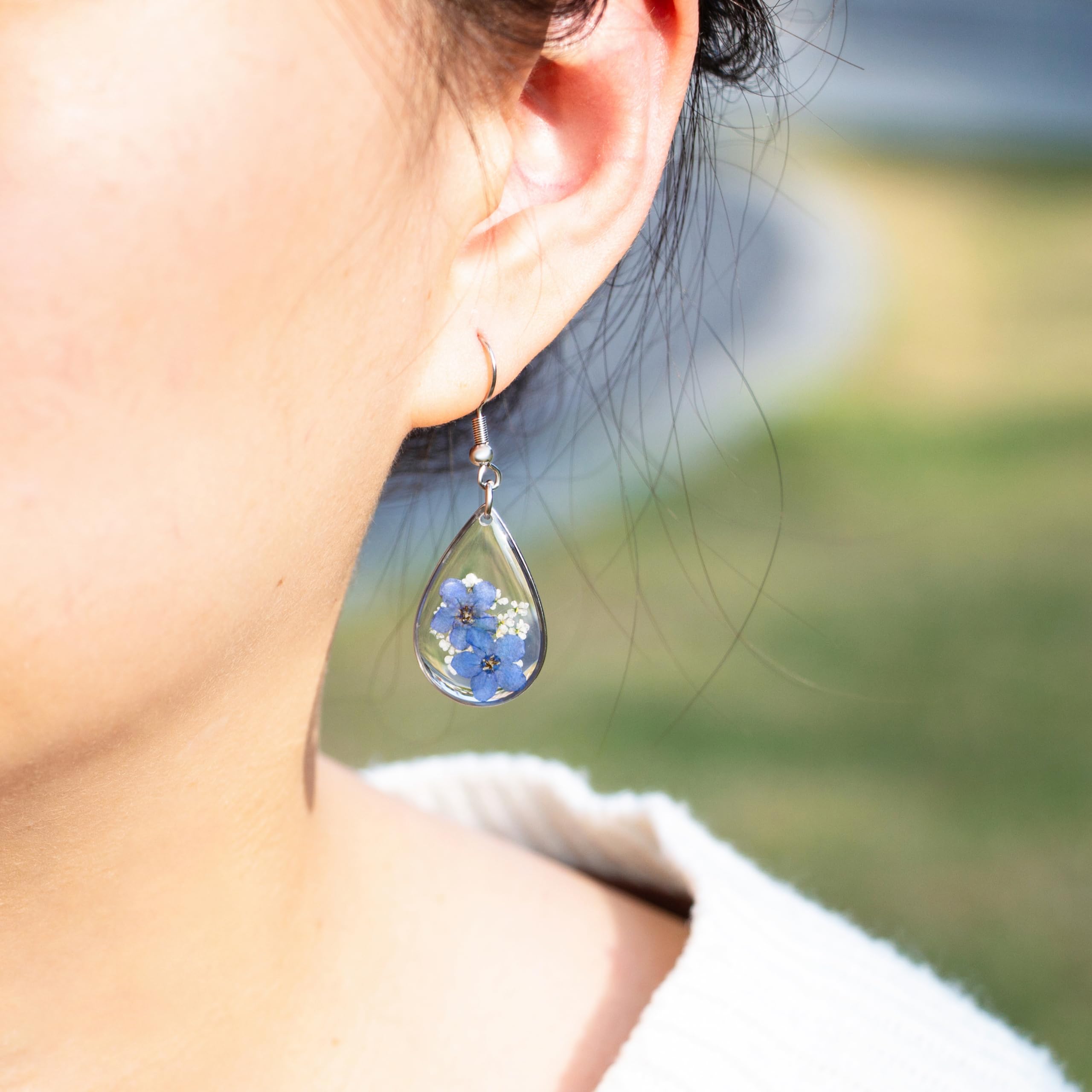 Pressed Forget Me Not Handmade Earrings - Real Flower Dried Resin Jewelry for Women, Silver Teardrop Earrings, Unique Birthday Gift for Her - Perfect for Weddings, Anniversaries & Special Occasions