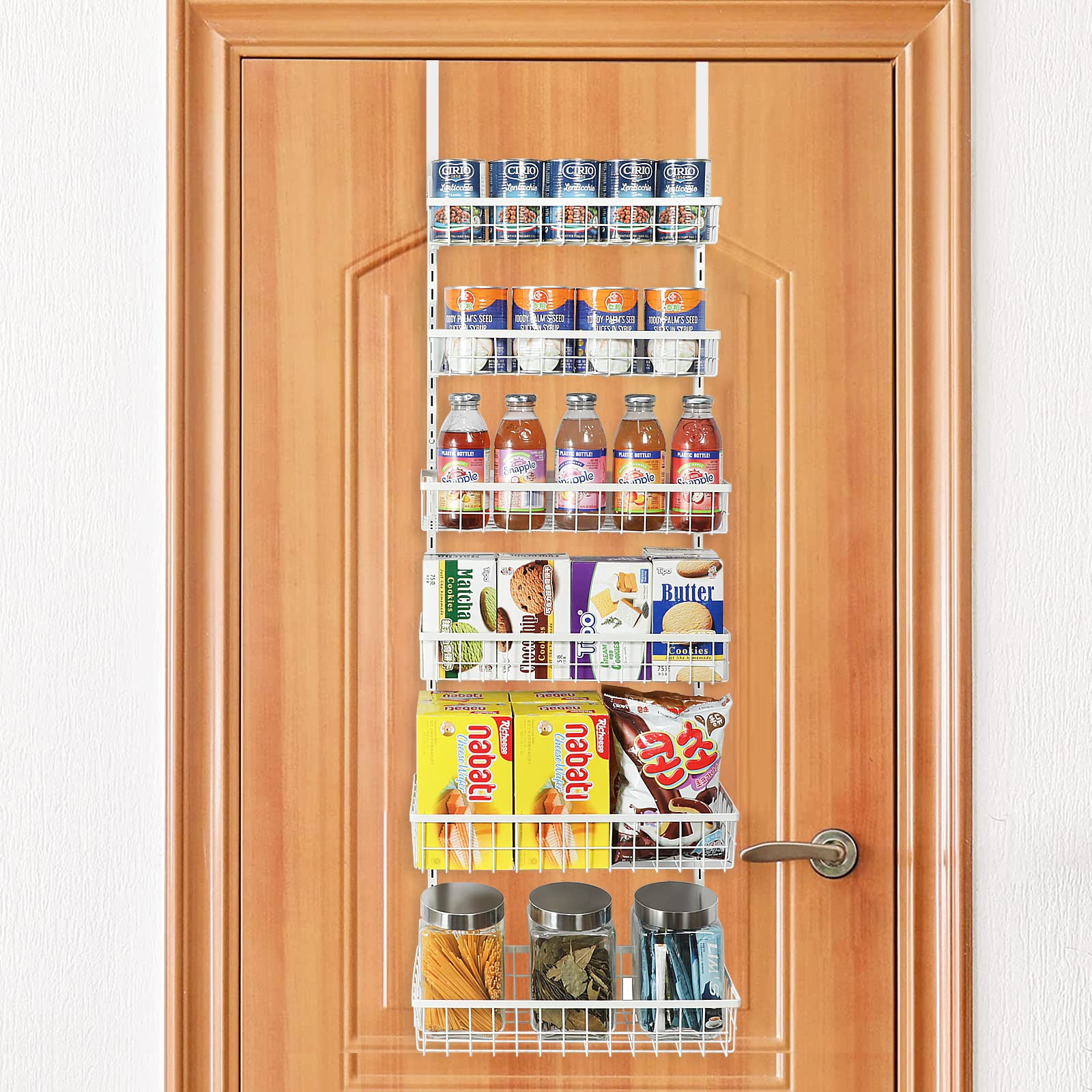 6-Tier Over the Door Pantry Organizer - Adjustable Height Metal Wire Spice Rack with Hooks | Wall Mount Storage Basket for Kitchen, Bathroom & Garage (White) | Perfect for Small Space Organization & Clutter-Free Home Storage
