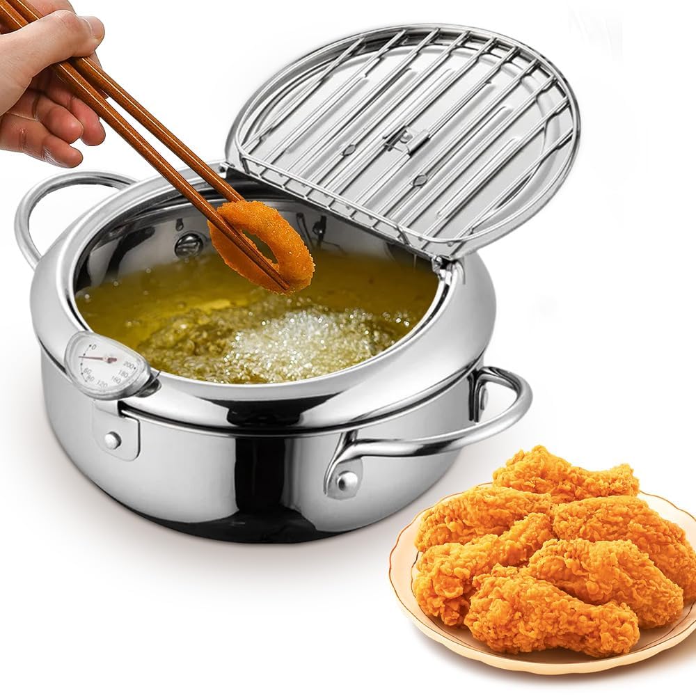 2024 Upgraded Stainless Steel Deep Fryer Pot with Thermometer & Oil Drip Rack - 11 Inch Japanese Tempura Fryer for Chicken, Chips & Home Cooking | Perfect for Kitchen, Restaurants & Outdoor Camping