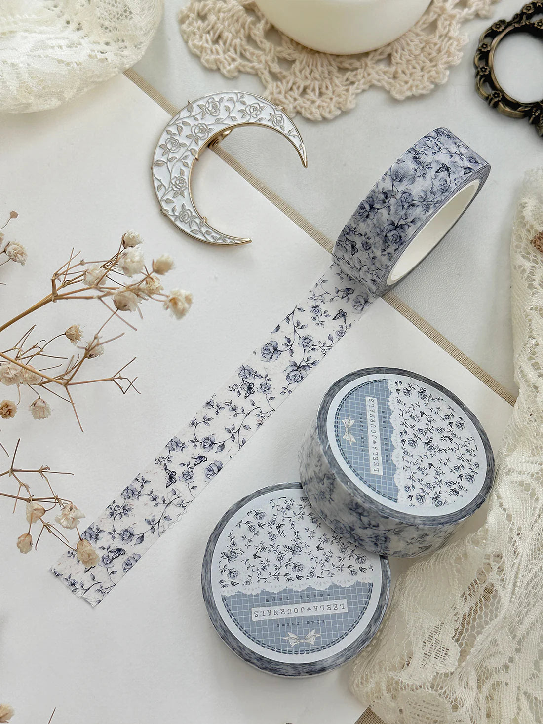 Blue Porcelain Roses Washi Tape 15mm - Decorative Japanese Paper Tape for Scrapbooking, Journaling, Gift Wrapping & DIY Crafts