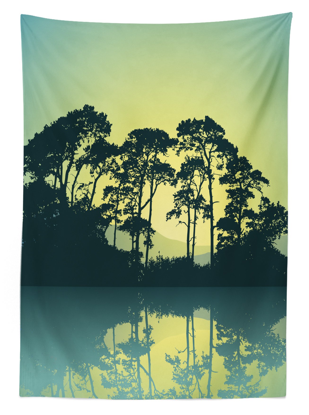 Ambesonne Waterproof Outdoor Tablecloth - Mystic Forest Abstract Design with Trees, Mountains & Lake - 58x84 Inch Washable Picnic Table Cover for Camping, BBQs, Garden Parties - Blue & Green Nature Print Decor