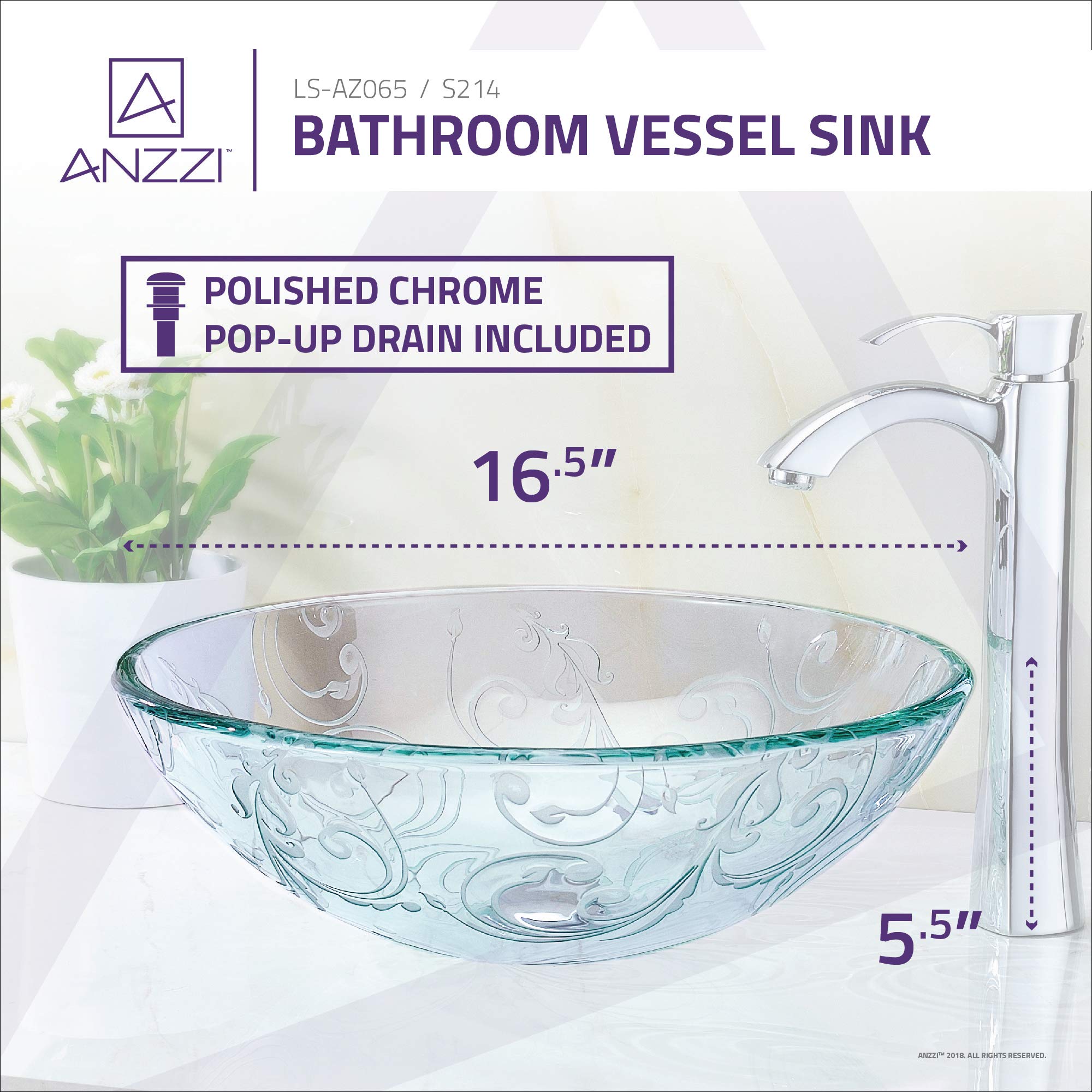 ANZZI Vieno Series Crystal Clear Flora Vessel Bathroom Sink with Pop-Up Drain - Modern Elegant Vanity Sink for Powder Room, Master Bath & Luxury Home Decor