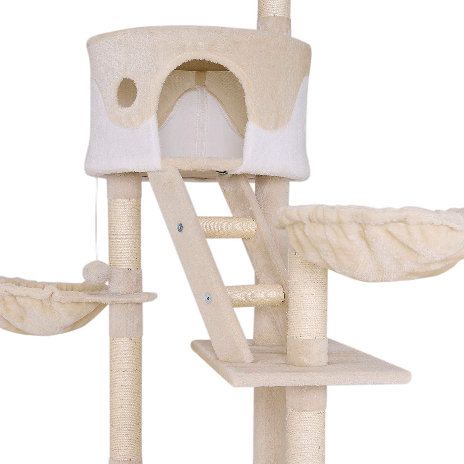 Extra Large Cat Scratching Post with Sisal & Plush - 90.6 to 98.4 Inch Tall Cat Tree with Plush Balls, Bells, Hammocks, Tunnels & Caves for Small & Large Cats (Beige/White) - Perfect for Indoor Play, Climbing & Relaxation