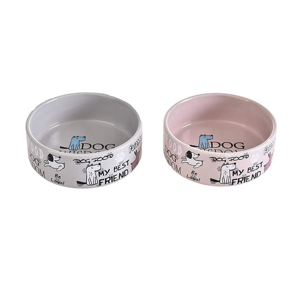 EVERTREND Set of 2 Ceramic Pet Bowls - Cute Cartoon Design Dog Food Bowl and Cat Bowl, Durable & Easy Clean Pet Dishes for Dogs and Cats - Perfect for Home, Kitchen or Outdoor Feeding
