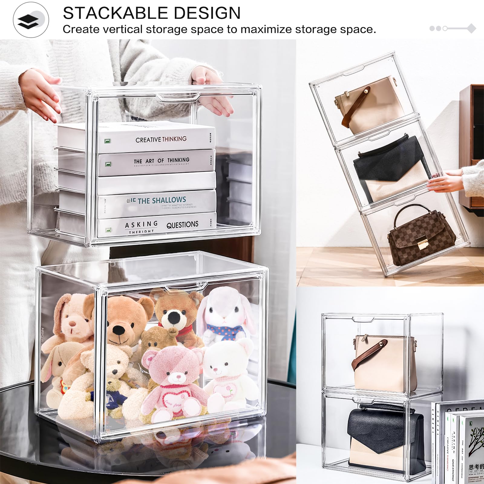 DILIBRA 4-Pack Clear Plastic Handbag Storage Organizers - Stackable Acrylic Display Box with Magnetic Door for Purse, Clutch, Wallet, Book & Hat Organization | Perfect for Closet, Bedroom & Retail Store Display