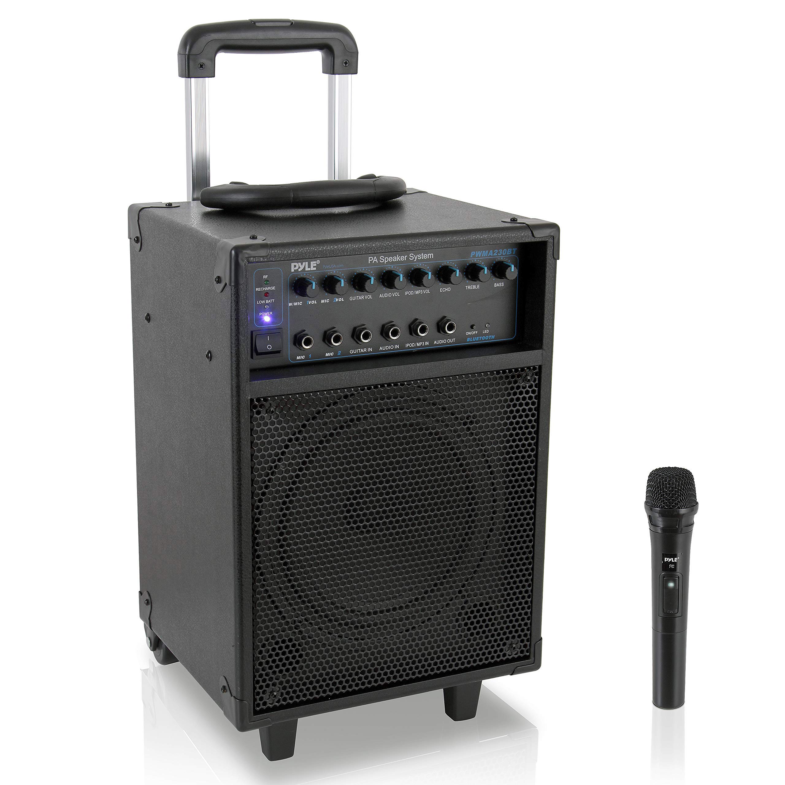 Pyle Wireless Portable PA System - 400W Bluetooth Speaker with Rechargeable Battery, Microphone Set, Wheels & Handle - 1/4