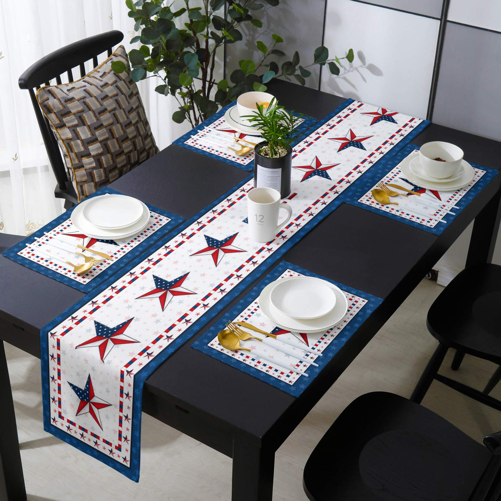 Stars Independence Day American Flag Pentagram Table Runner and Placemats Set of 6 - Blue Border Red Plaid 4th of July Waterproof Table Linens - Washable Kitchen Dining Decor for Patriotic Parties, Holidays & Home Celebration