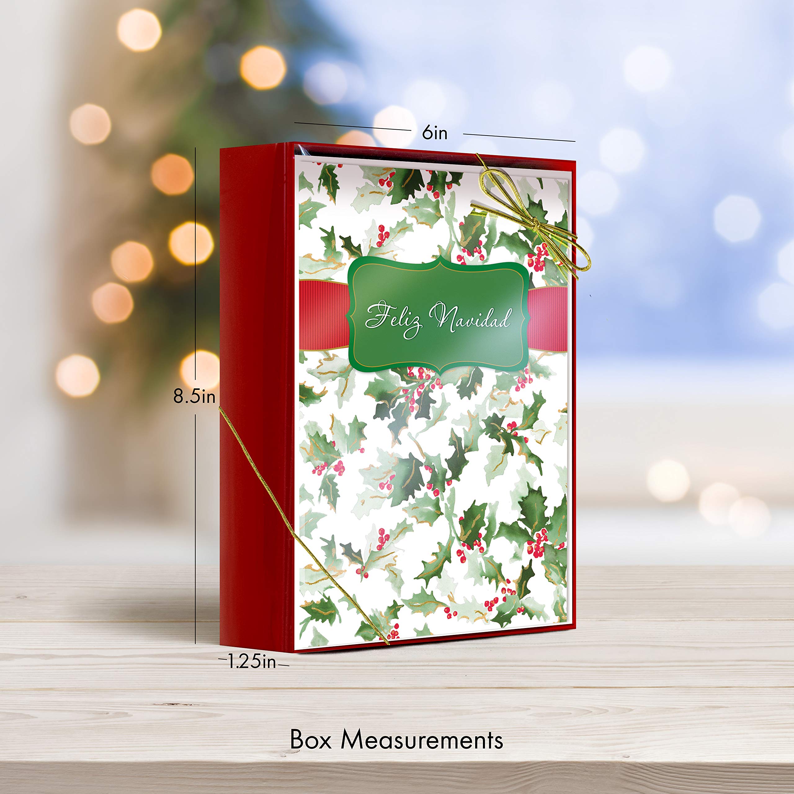 Designer Greetings Spanish Christmas Cards Box Set - 18 Gold Foil Embossed Navidad Greeting Cards with Envelopes | Hojas Navideñas & Holly Design | Perfect for Holiday Gifts, Office Greetings & Family Celebrations