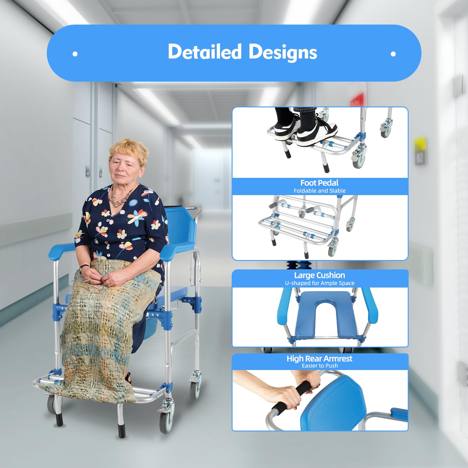 Portable Aluminum Wheelchair Shower Commode Chair with Casters - Lightweight Medical Mobility Aid for Elderly & Disabled - Ideal for Bathroom Safety, Home Care & Assisted Living Facilities