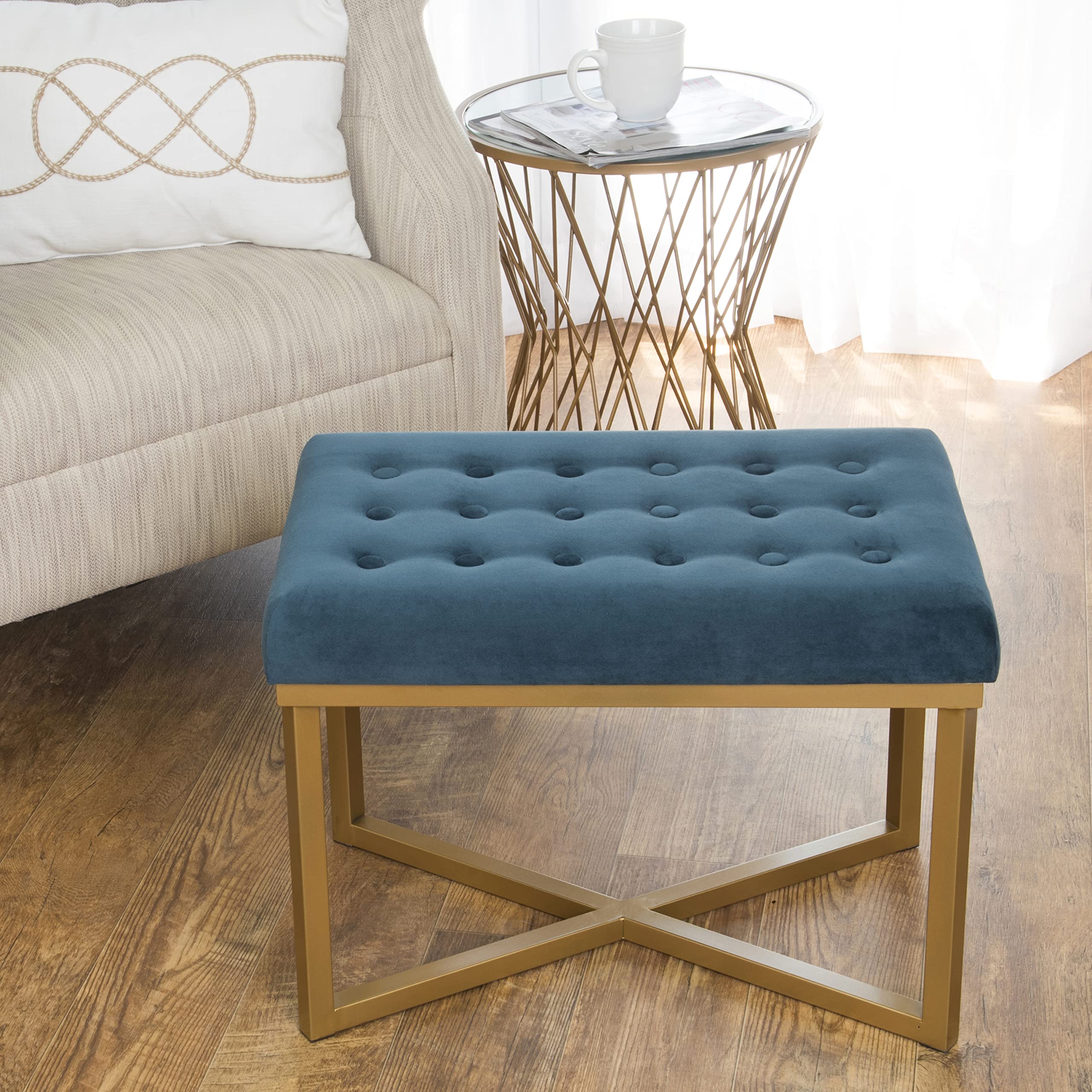 HomePop Velvet Upholstered Tufted Ottoman Bench - Dark Blue Storage Footstool for Living Room & Bedroom | Luxury Home Decor, Perfect for Extra Seating & Cozy Relaxation