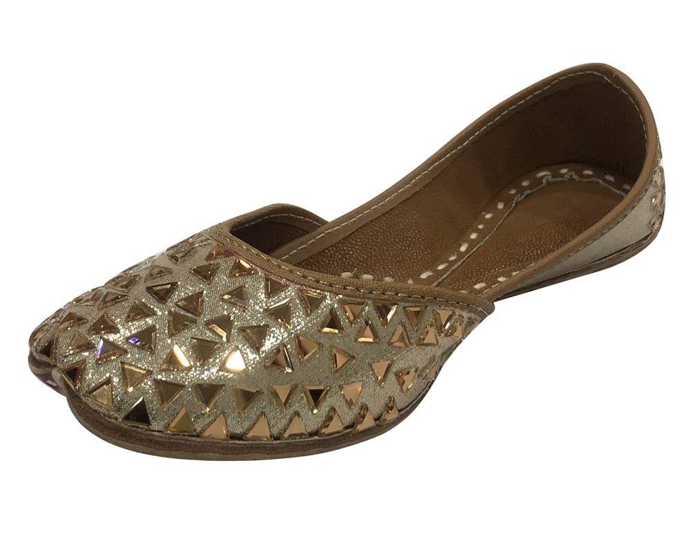 **Gold Punjabi Mojari Juttis for Girls – Toddler/Little Kid/Big Kid Ballerina Ethnic Flat Party Shoes | Rhinestone Studded Slip-On Ballet Flats | Perfect for Weddings, Festivals & Cultural Events**