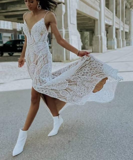 Boho Vintage Lace Wedding Dress for Bride - Mermaid Beach V Neck Bohemian Bridal Gown with Slit | Perfect for Beach Weddings, Boho Chic Ceremonies & Romantic Photoshoots