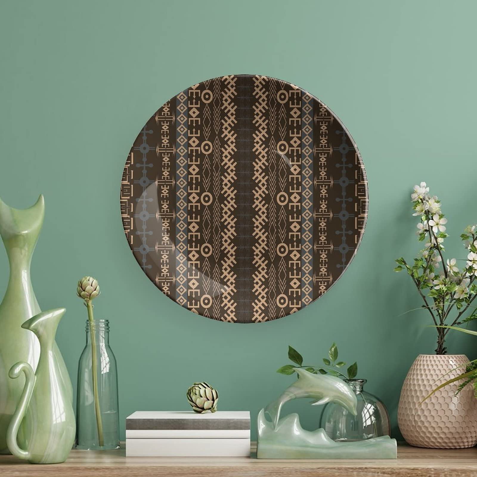 6 Inch African Decorative Ceramic Plates with Traditional Geometric Arrow Stripes - Blue Grey Brown Earth Yellow for Dining, Parties & Weddings | Perfect for Ethnic Home Decor & Cultural Events