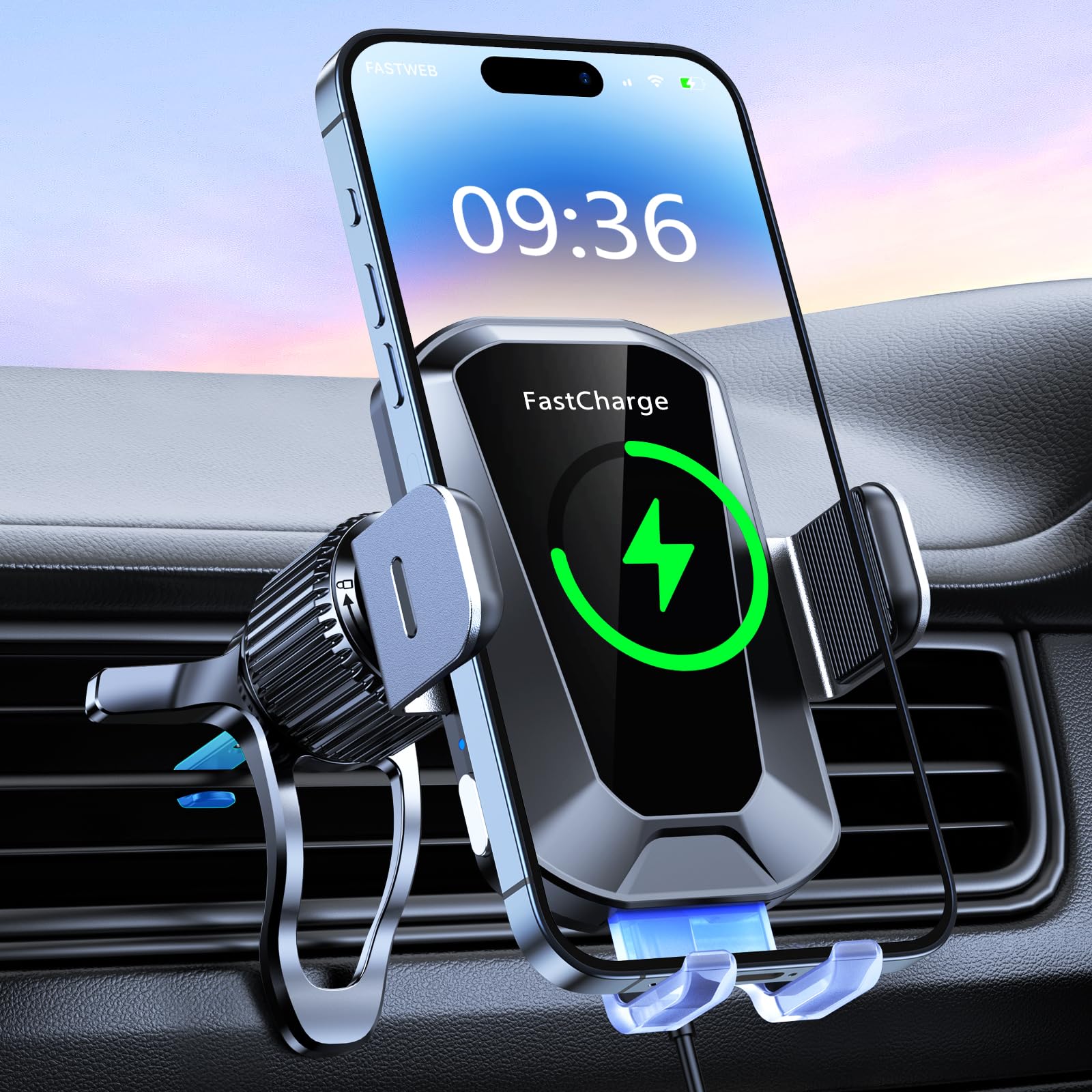 WOCBUY Auto Clamping 15W Fast Wireless Car Charger - Super Stable Phone Holder Mount for iPhone 16 Pro Max/15/14/13/12, Galaxy S24/S23 & More - Perfect for Commuting, Road Trips & Hands-Free Driving