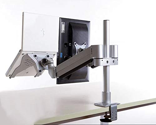 Dual Arm Aluminum Monitor Stand for 15-30 Inch Screens with Laptop Tray (10-15.6 Inch) - Full Motion Adjustable Desk Mount with 40cm Pole - Perfect for Home Office, Gaming Setup & Workspace Organization