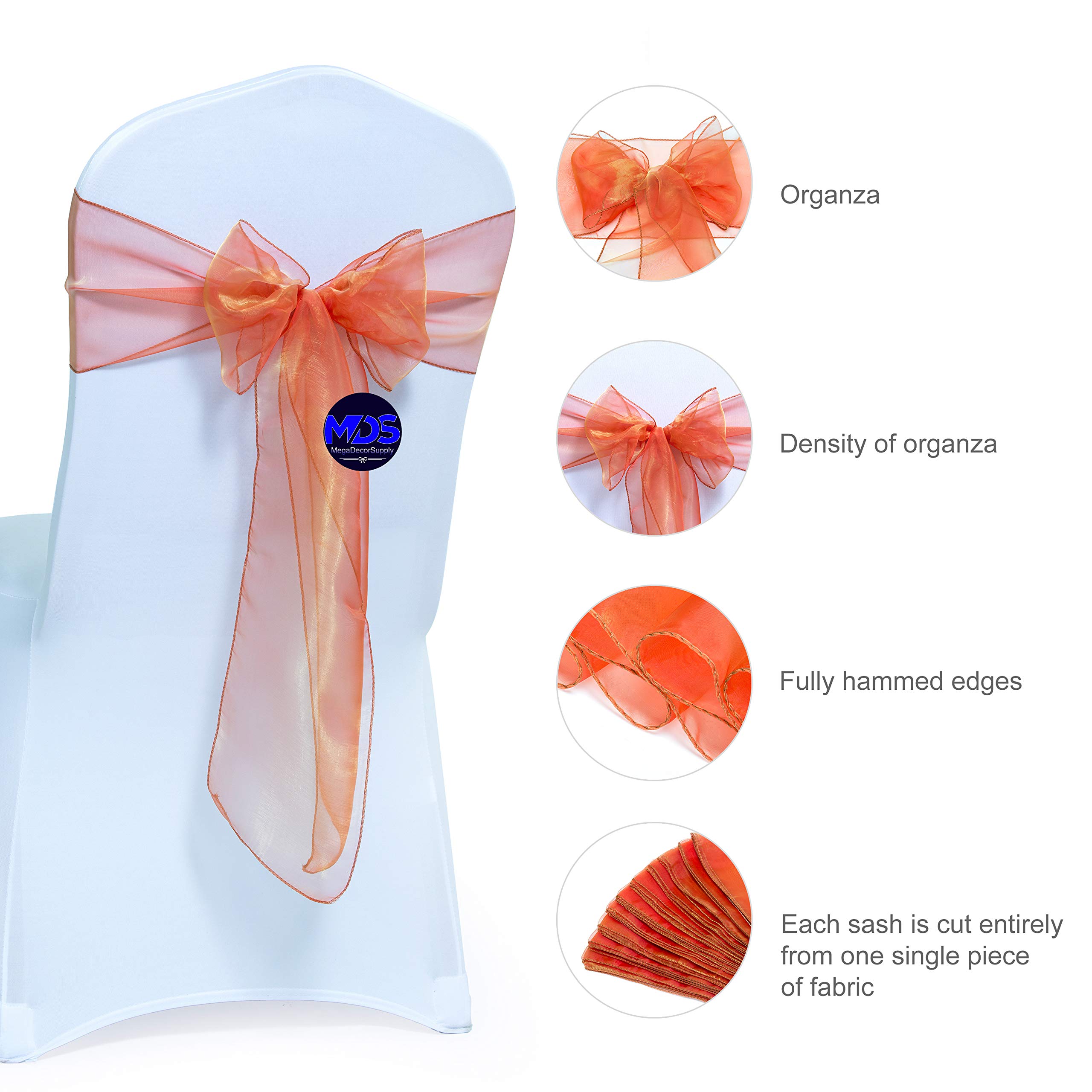 100 Pack Brunt Orange Organza Chair Sashes - Bulk Wedding Reception Bows, Banquet Decorations, Restaurant Chair Covers & Party Supplies for Elegant Events, Bridal Showers & Formal Dining Decor