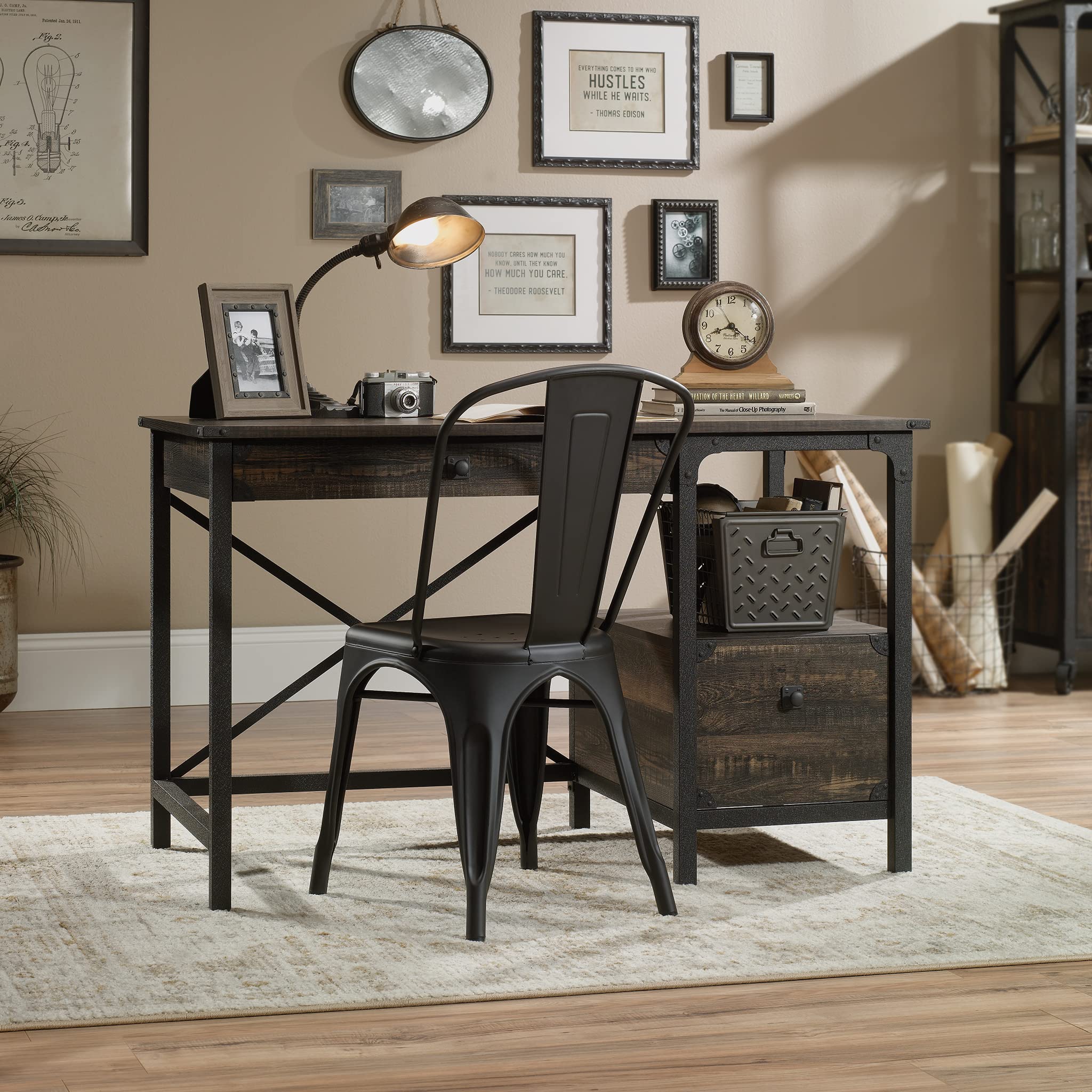 Sauder Steel River Industrial Office Desk with 2 Drawers & Open Shelf - Carbon Oak Finish - Perfect for Home Office & Workspace Organization
