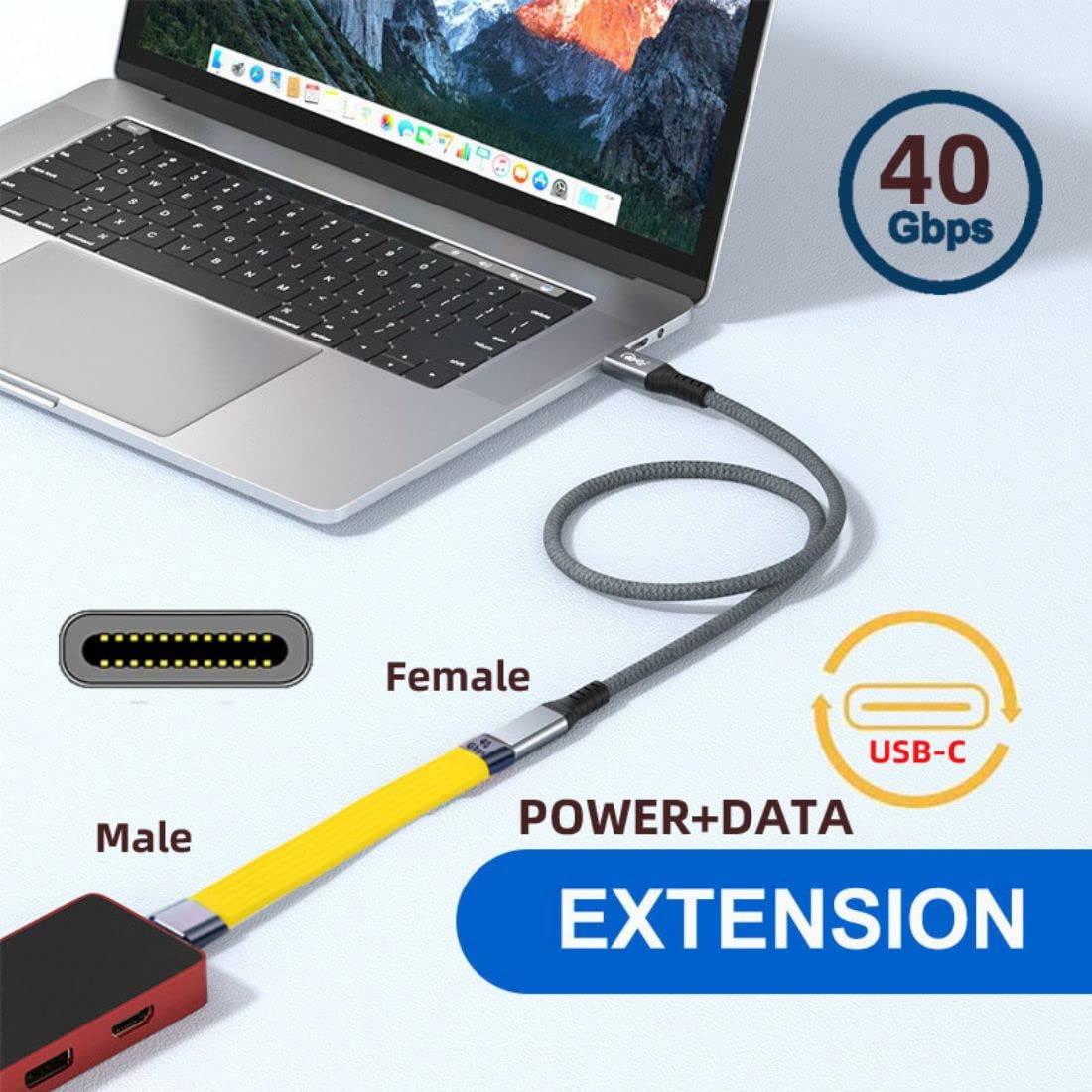 Chenyang USB C to USB C Cable 40Gbps - USB4 Extension Cable Slim Flat Male to Female with 100W Fast Charging & 8K@60Hz Video - Thunderbolt 3/4 Compatible (13cm, Yellow) - Perfect for MacBook, iPad Pro, Galaxy S23 & High-Speed Data Transfer