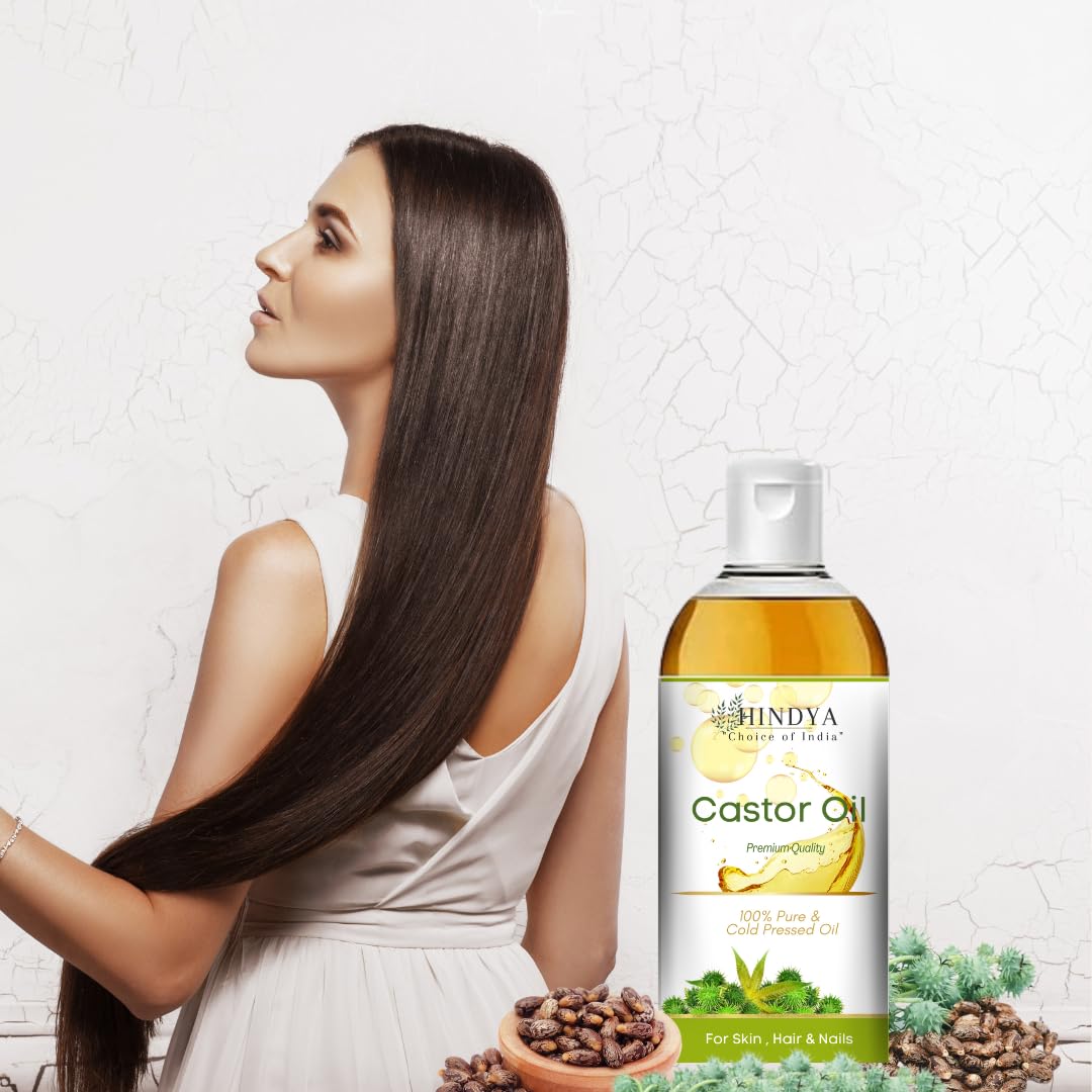 Hindya Ayurvedic Luxury Castor Oil - 100% Natural Cold Pressed Hair & Skin Care Oil | Virgin Grade for Dry Skin, Nails & Eyelash Growth | No Mineral Oil & Silicones | Perfect for Daily Hair Treatment & Natural Beauty Routine