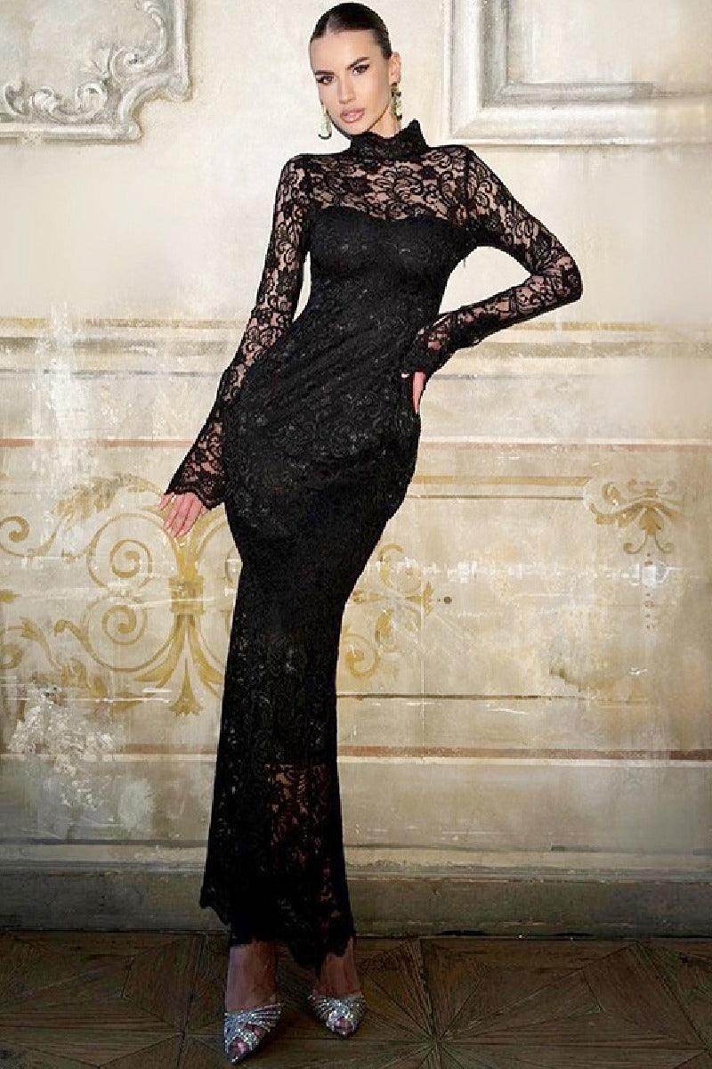 Elegant Lace Patchwork Slim Long Sleeve Cocktail Dress for Women | Formal Evening Gown | Perfect for Parties, Weddings & Special Occasions