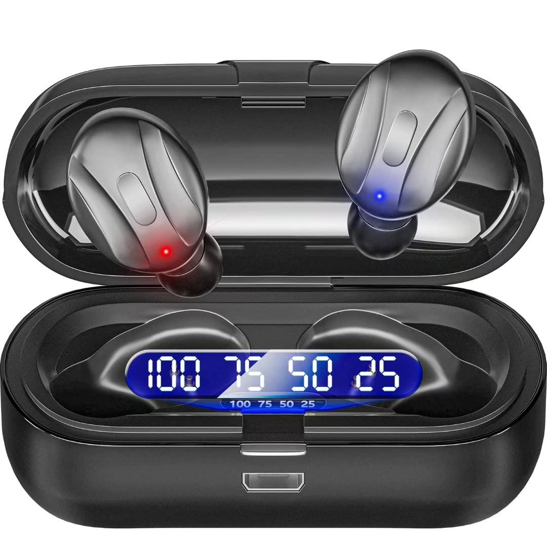 Wireless Earbuds 5.0 Bluetooth Headphones with Charging Case, IPX5 Waterproof in-Ear Earphones with Hi-Fi Stereo & Built-in Mic - Compatible with iPhone Android Smartphones (Elegant Black) - Perfect for Gym, Running, Travel & Daily Commute