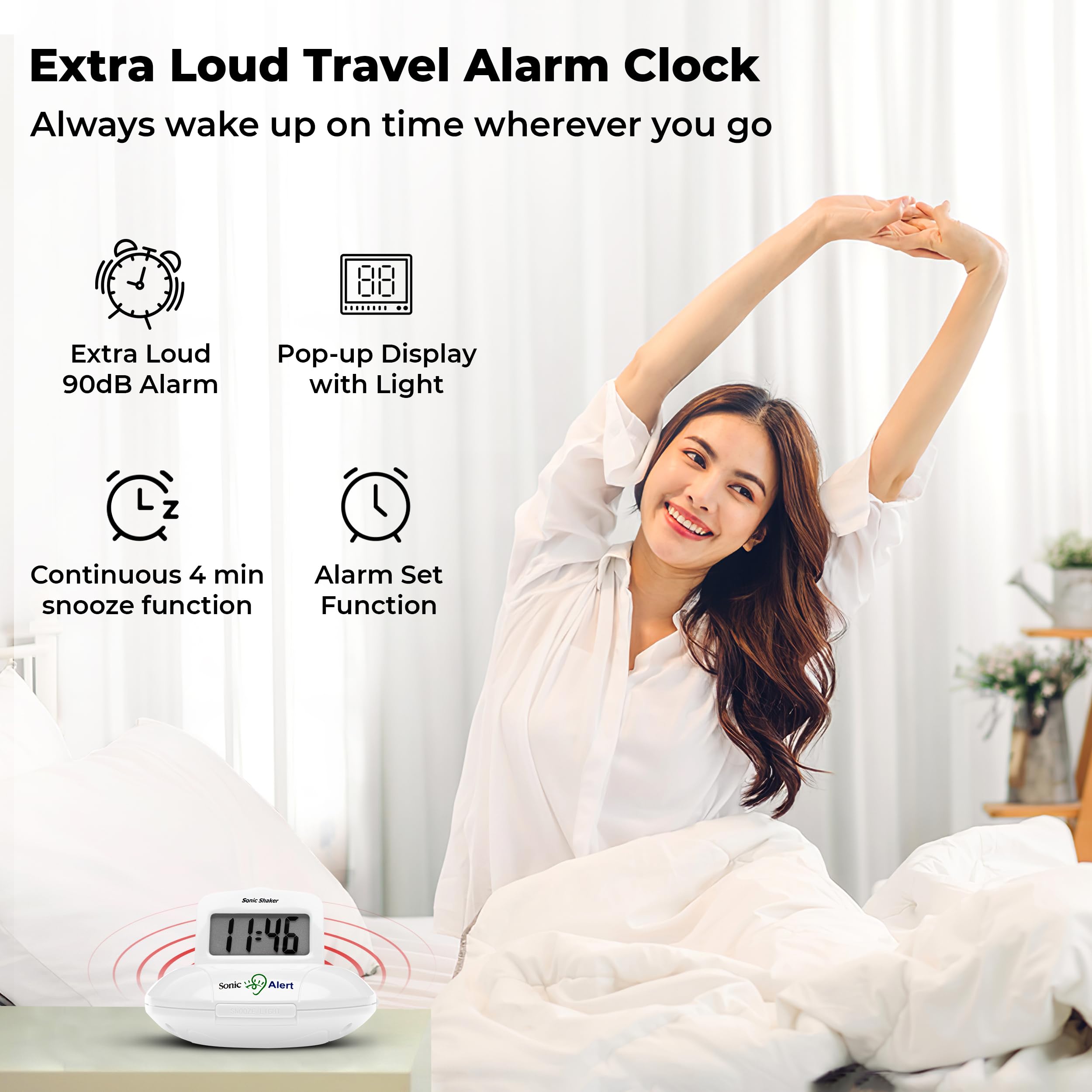 Sonic Alert Digital Alarm Clock for Heavy Sleepers - Battery Operated Vibrating Travel Alarm Clock with Bed Shaker & Under Pillow Vibration - White | Perfect for Deep Sleepers, Travel, and Hearing Impaired Users