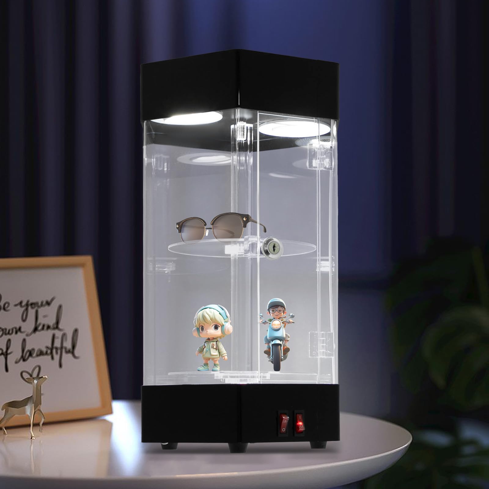 360° Rotating LED Acrylic Display Case with Lock & Keys - 2-Tier Electric Jewelry Showcase for Watches, Sunglasses & Cosmetics | Perfect for Retail Stores, Boutiques and Trade Show Displays