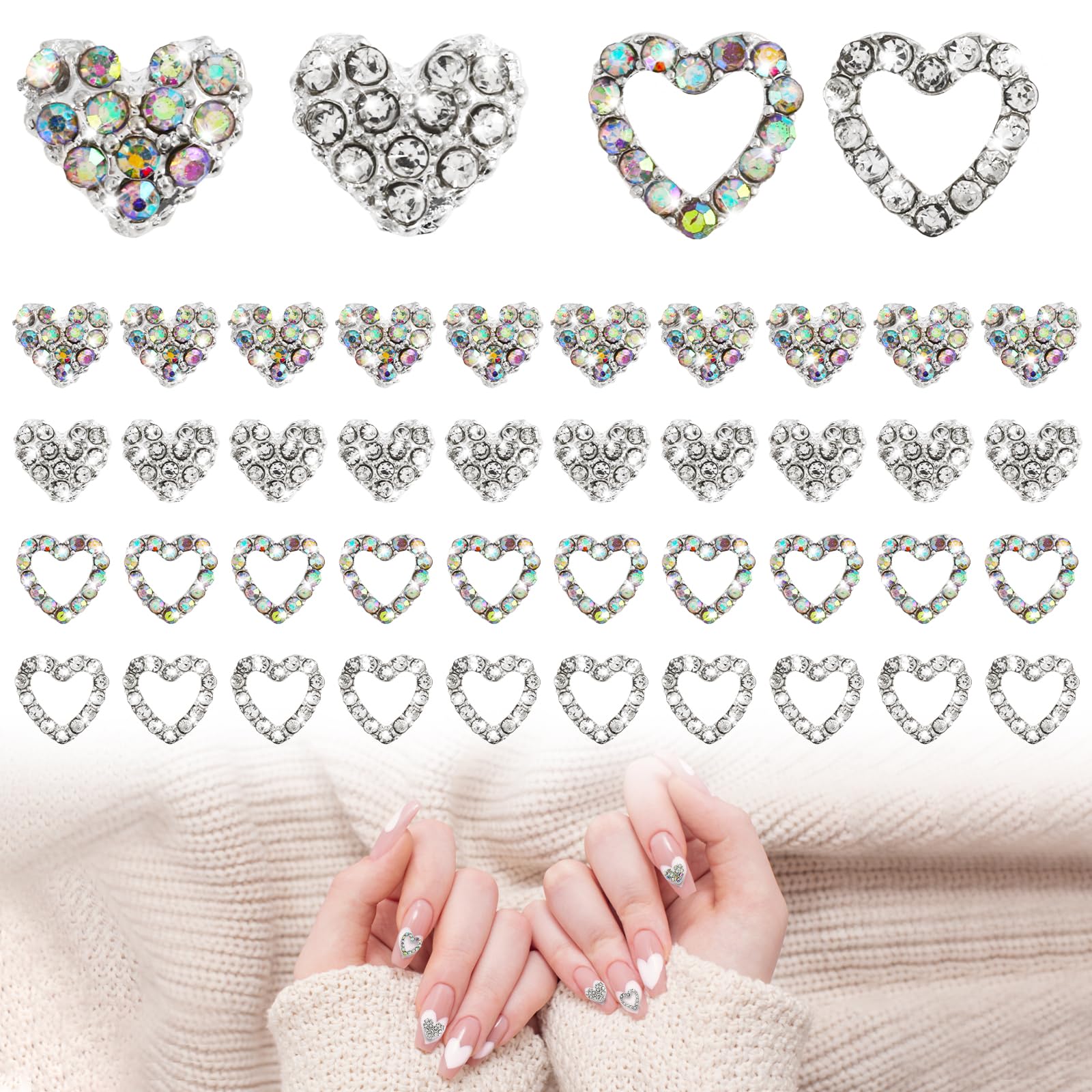 40Pcs Heart-Shaped Nail Charms - 3D Alloy Rhinestone Nail Gems for Valentine's Day & Wedding Manicure | Nail Art Supplies for Women & Girls | Perfect for DIY Nail Designs, Bridal Parties & Gift Giving
