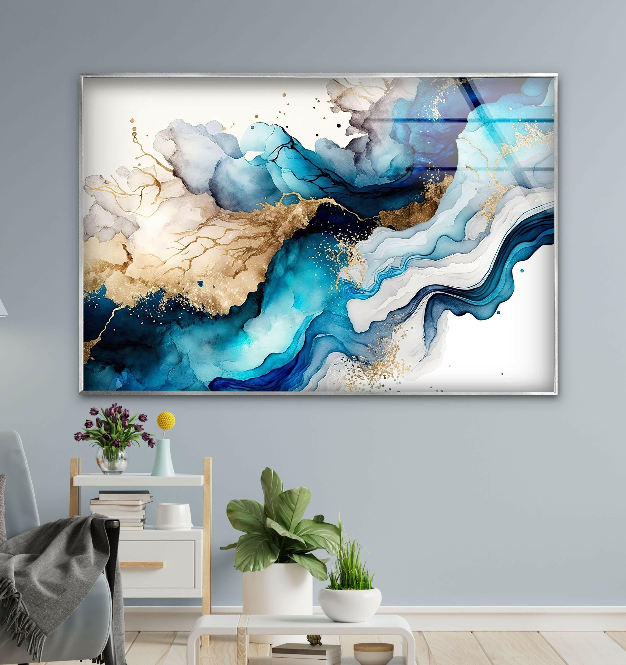 Blue and Gold Fluid Abstract Glass Wall Art - Modern Handmade Home Decor for Living Room, Bedroom, Office | Unique Gift Idea for Housewarming, Wedding