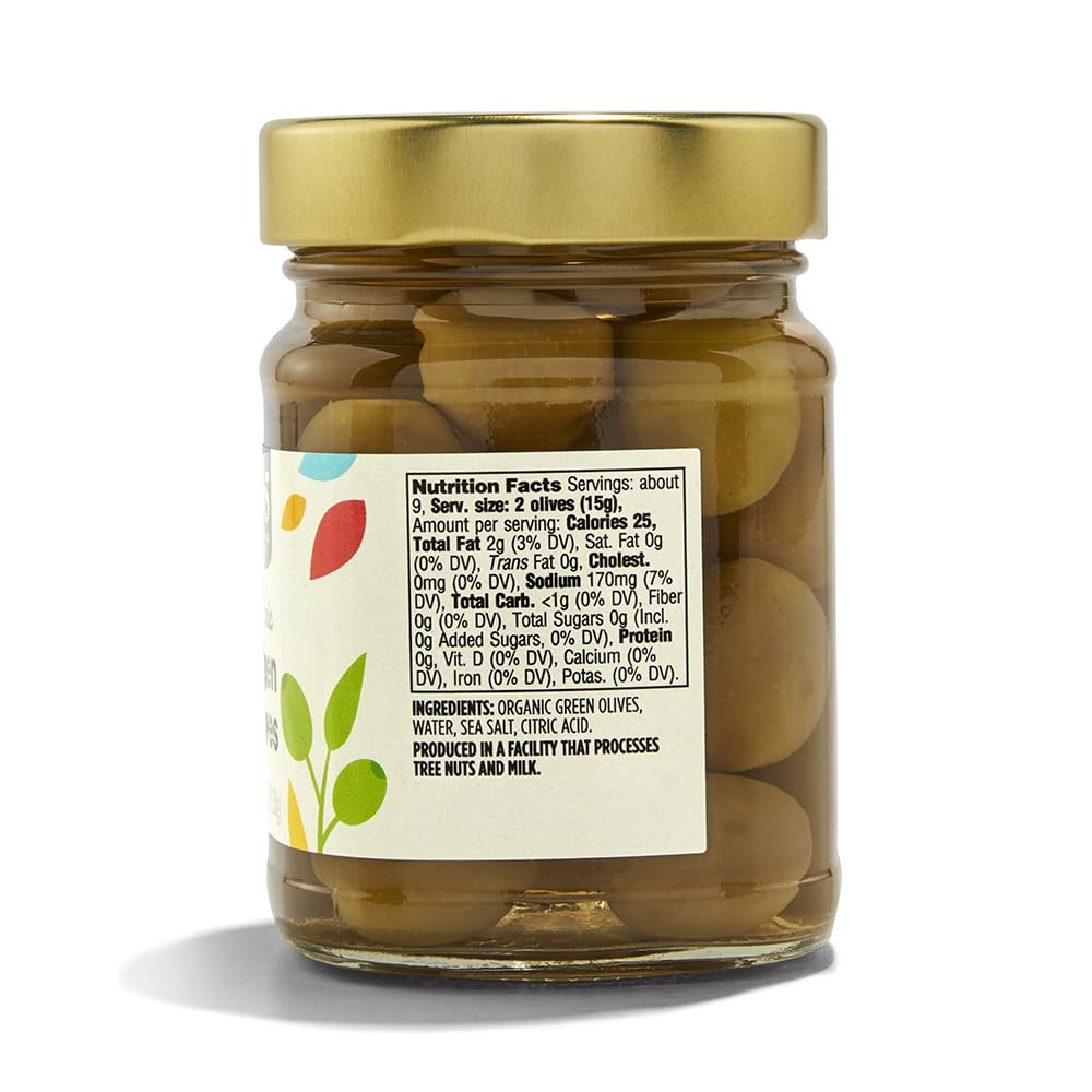 Organic Green Olives by 365 Whole Foods Market - 4.6 oz | Premium Snack for Charcuterie Boards, Salads & Mediterranean Recipes